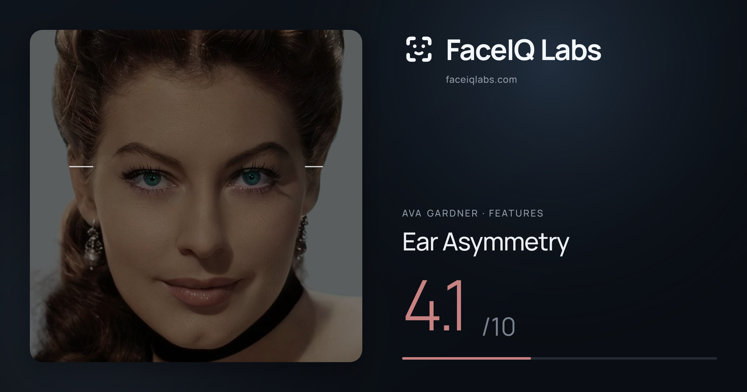 Ava Gardner Ear Asymmetry: 4.1/10, drawn on the photo