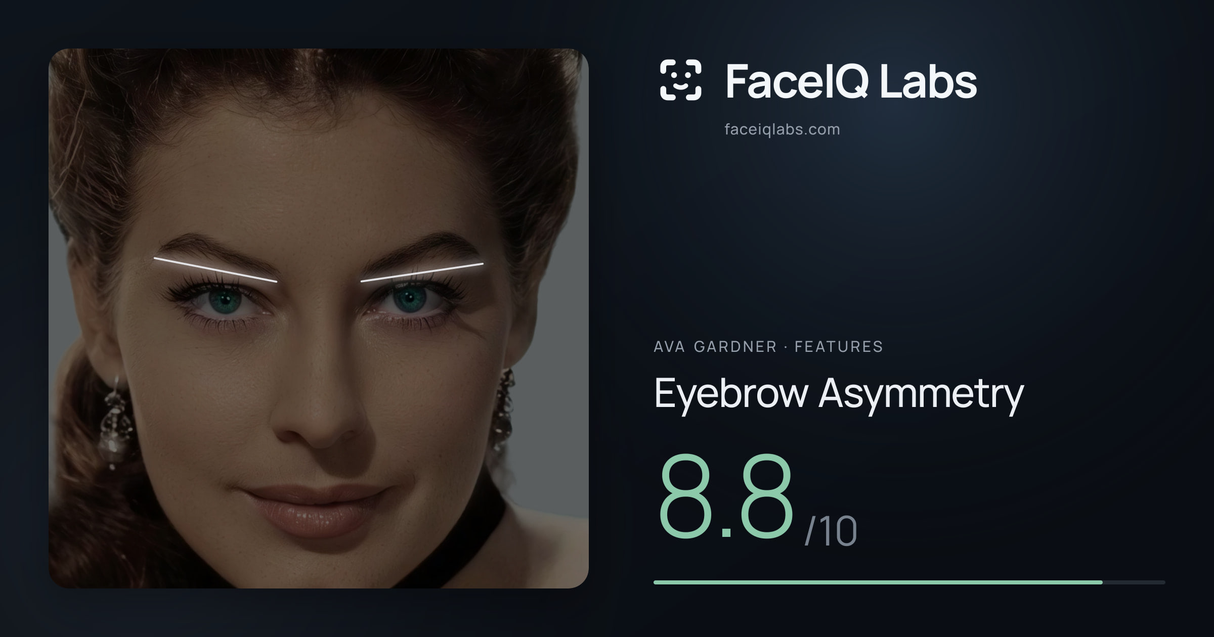 Ava Gardner Eyebrow Asymmetry: 8.8/10, drawn on the photo