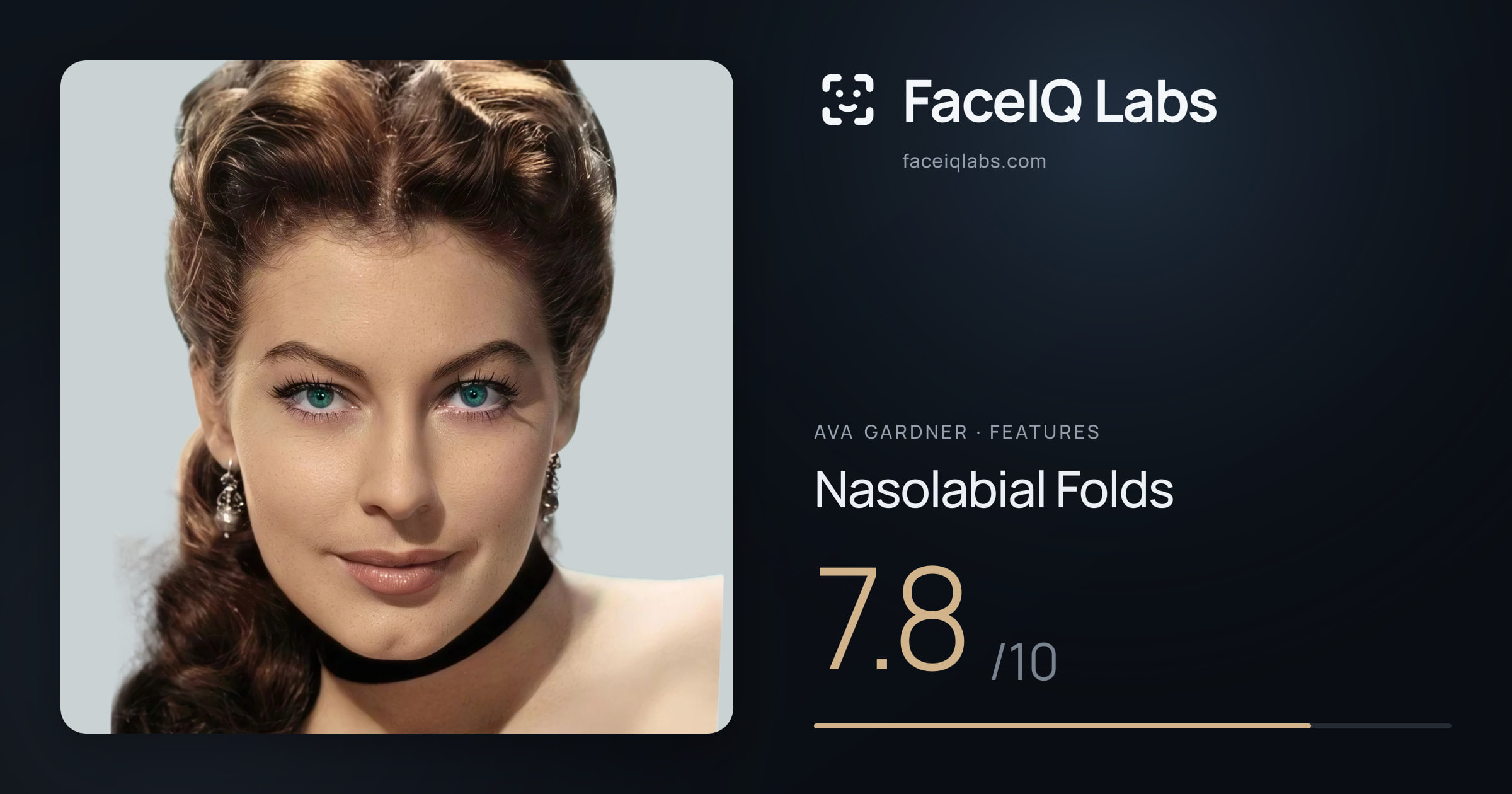 Ava Gardner Nasolabial Folds: 7.8/10, drawn on the photo