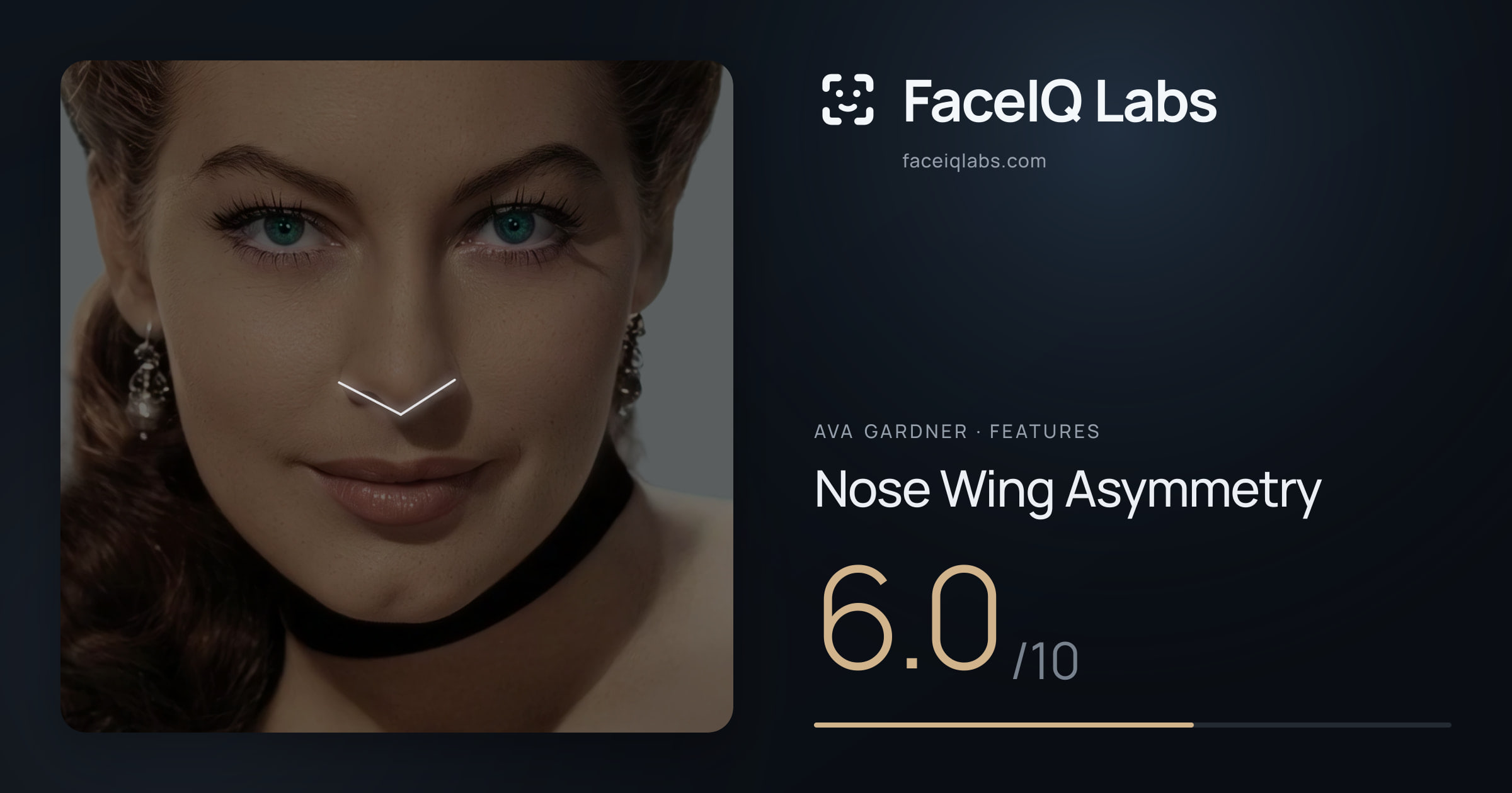 Ava Gardner Nose Wing Asymmetry: 6.0/10, drawn on the photo