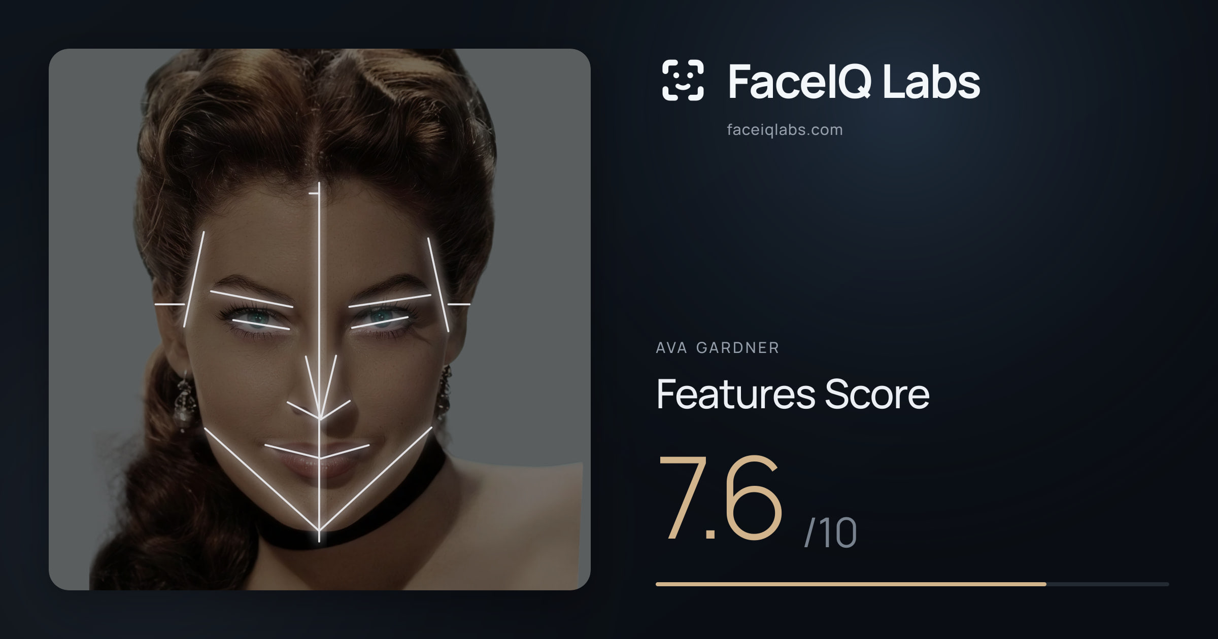 Ava Gardner Features: 7.6/10, with each assessment drawn on the photo