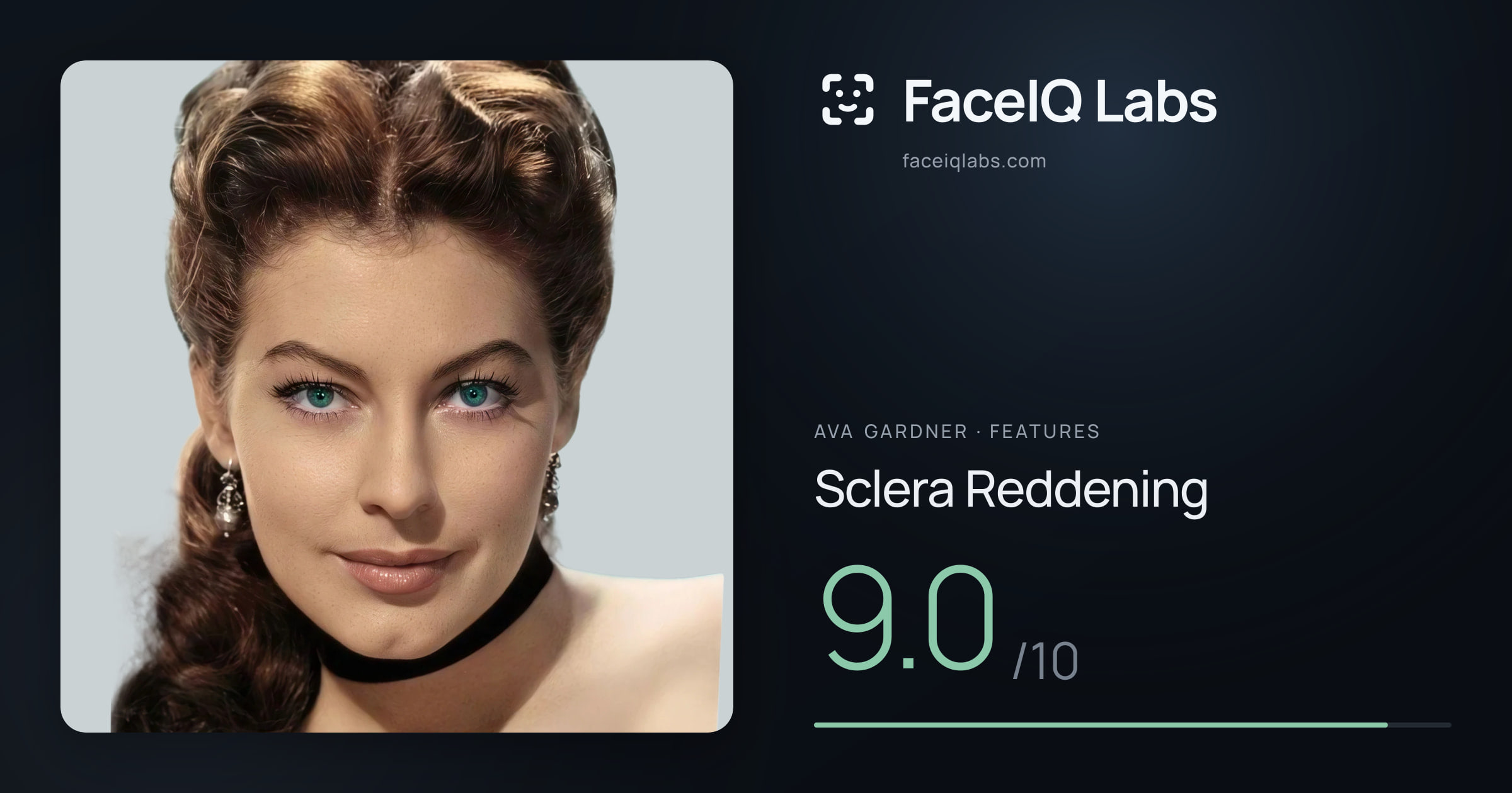 Ava Gardner Sclera Reddening: 9.0/10, drawn on the photo