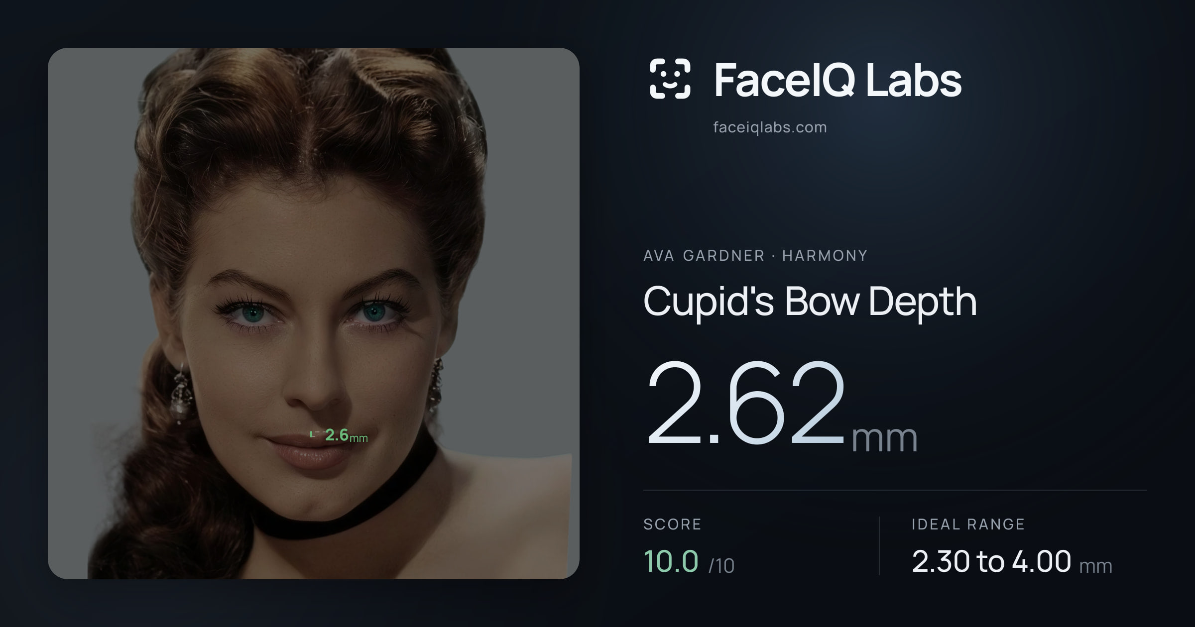 Ava Gardner Cupid's Bow Depth: 2.62mm, drawn on the photo