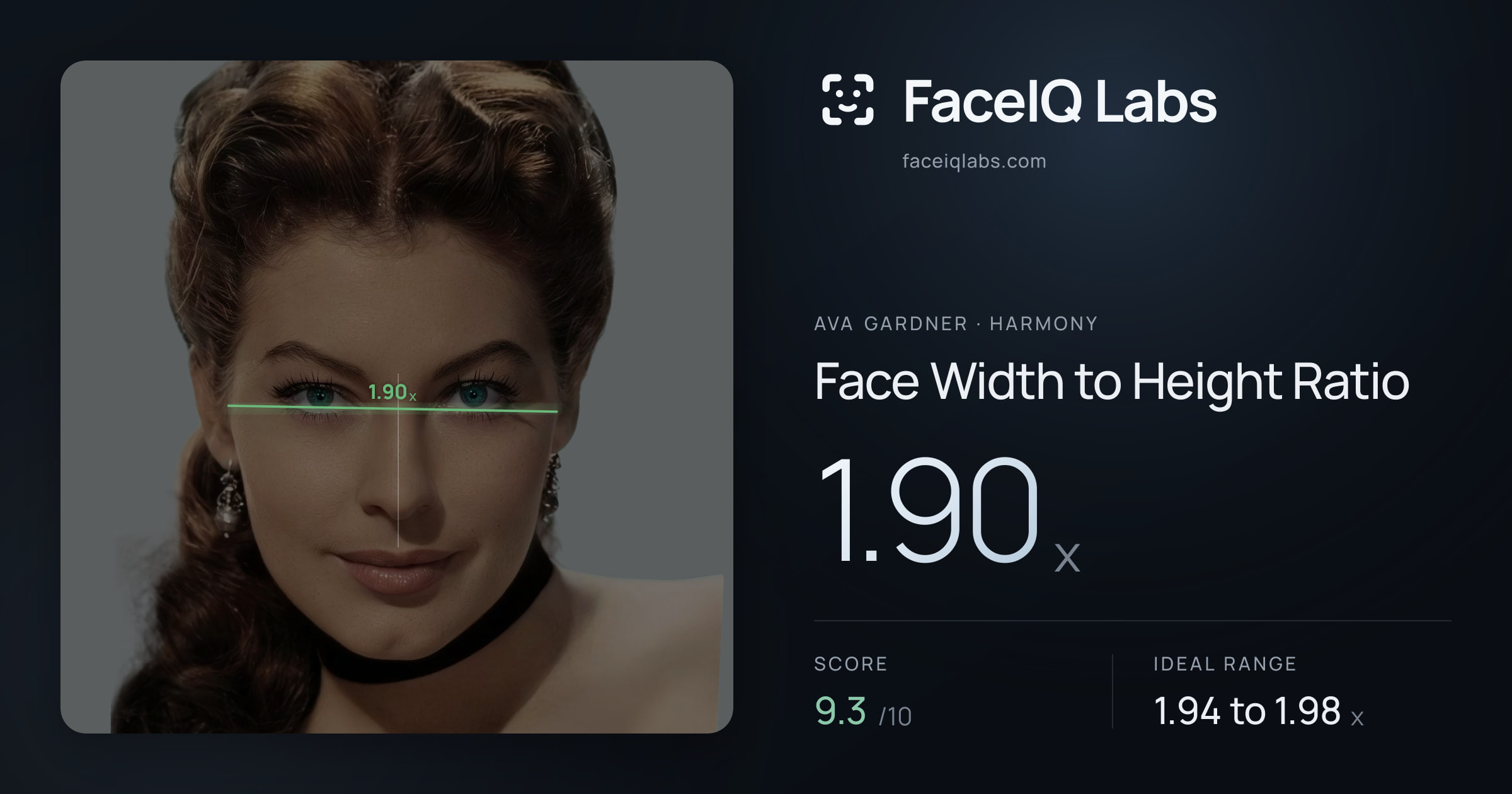 Ava Gardner Face Width to Height Ratio: 1.90x, drawn on the photo