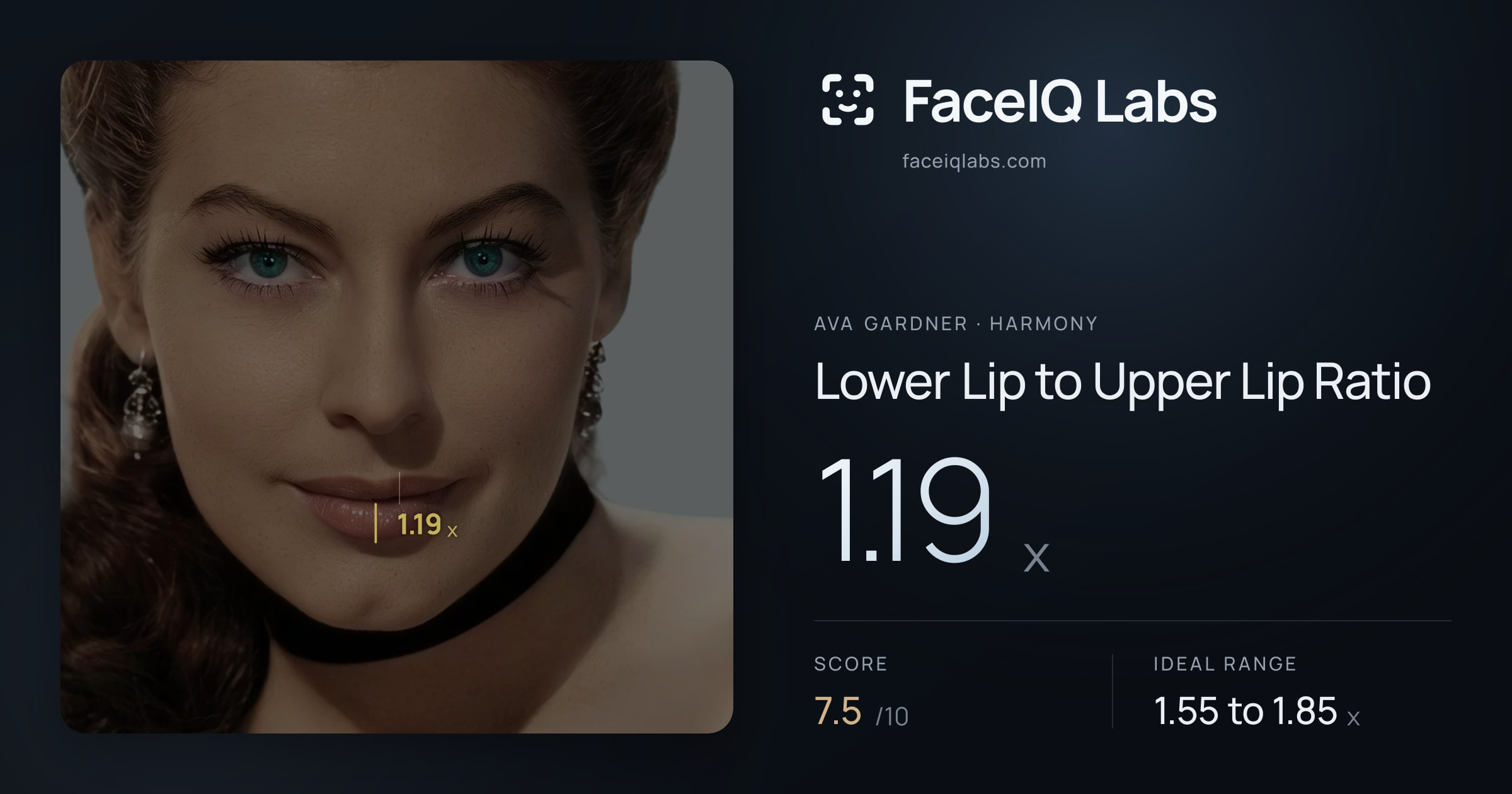 Ava Gardner Lower Lip to Upper Lip Ratio: 1.19x, drawn on the photo