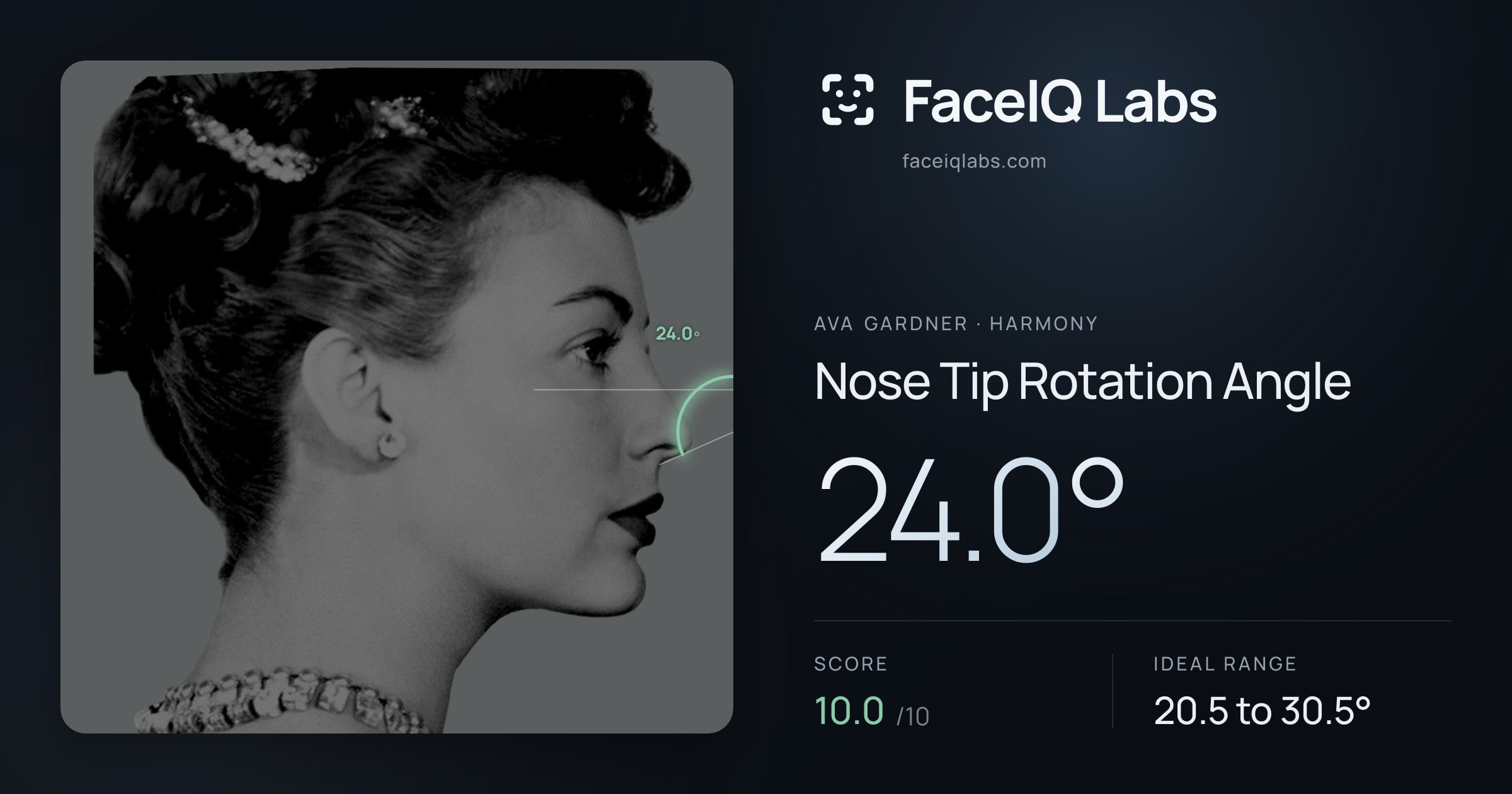 Ava Gardner Nose Tip Rotation Angle: 24.0°, drawn on the photo