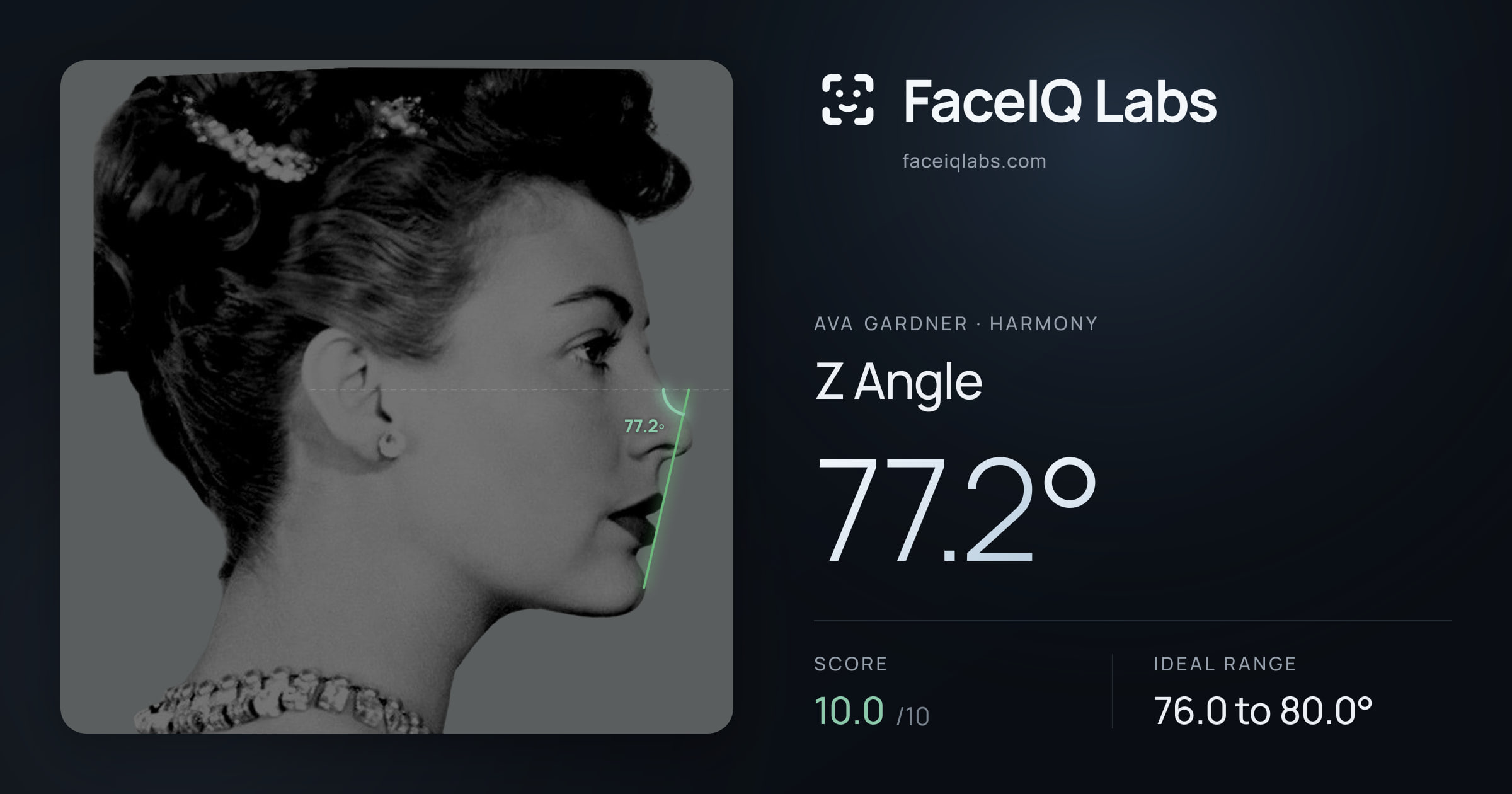 Ava Gardner Z Angle: 77.2°, drawn on the photo