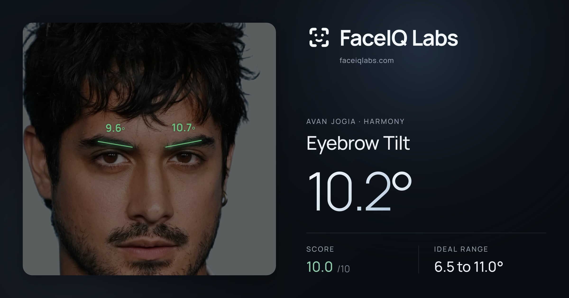 Avan Jogia Eyebrow Tilt: 10.2°, drawn on the photo