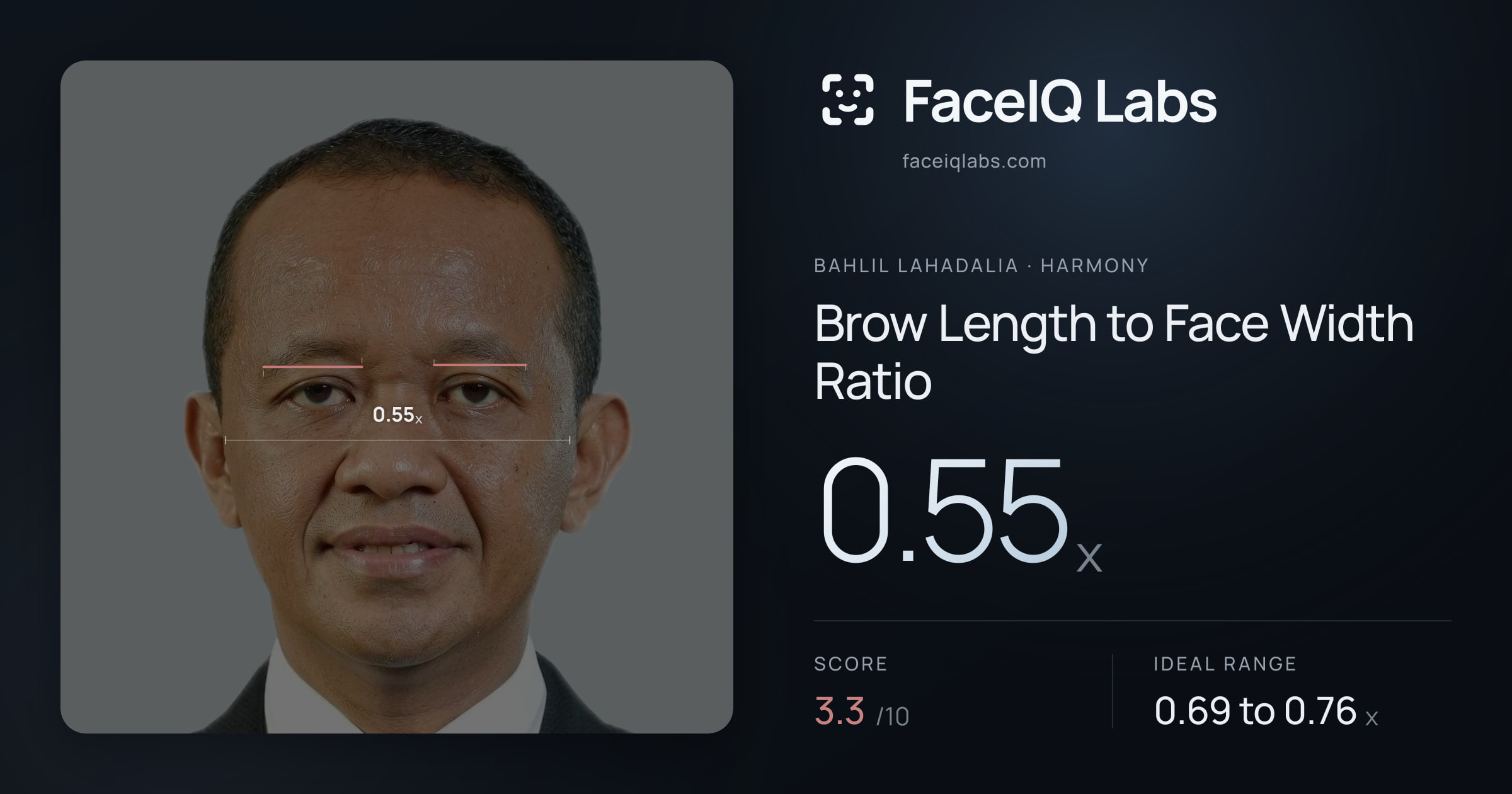 Bahlil Lahadalia Brow Length to Face Width Ratio: 0.55x, drawn on the photo