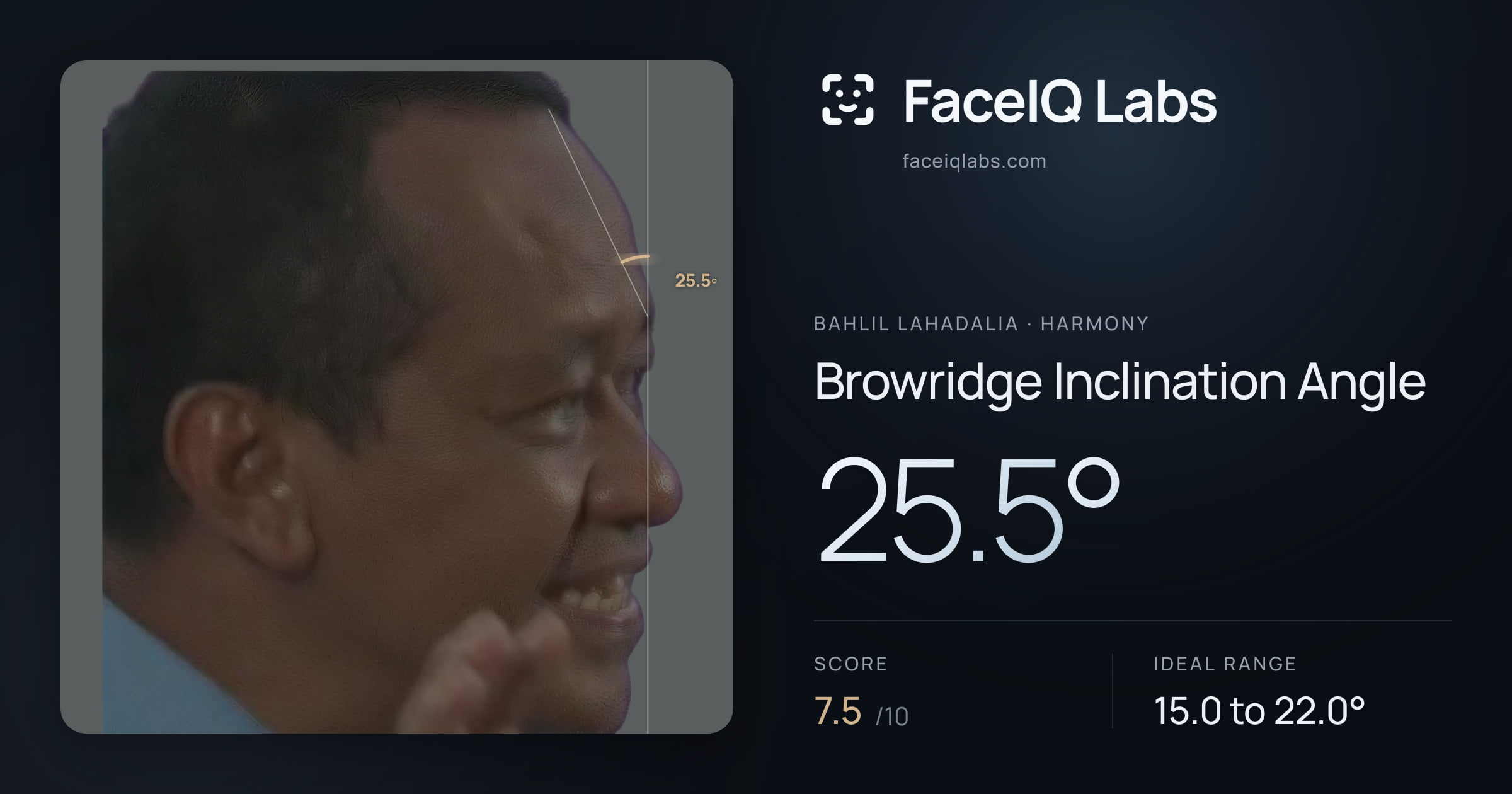 Bahlil Lahadalia Browridge Inclination Angle: 25.5°, drawn on the photo