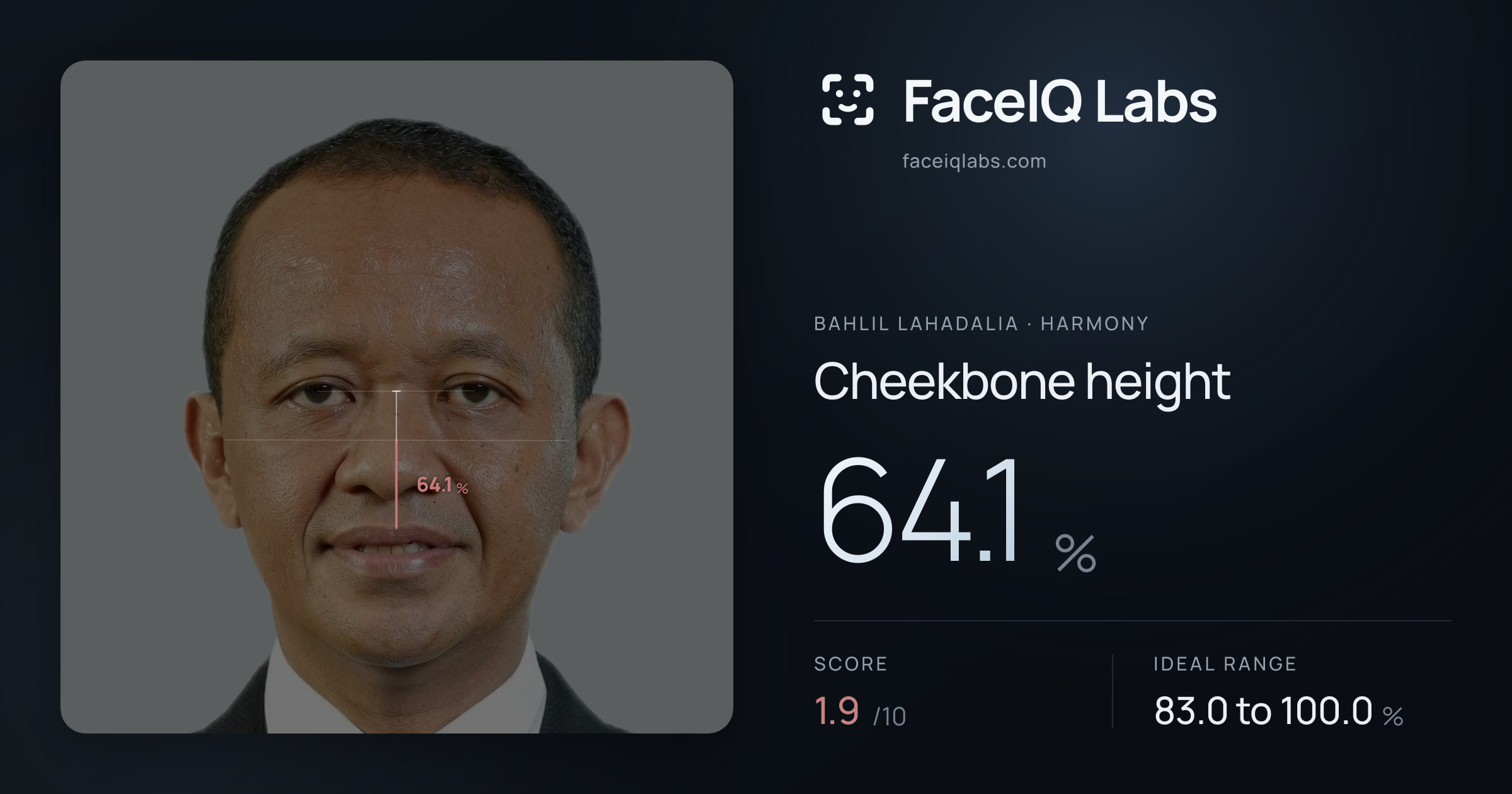 Bahlil Lahadalia Cheekbone height: 64.1%, drawn on the photo