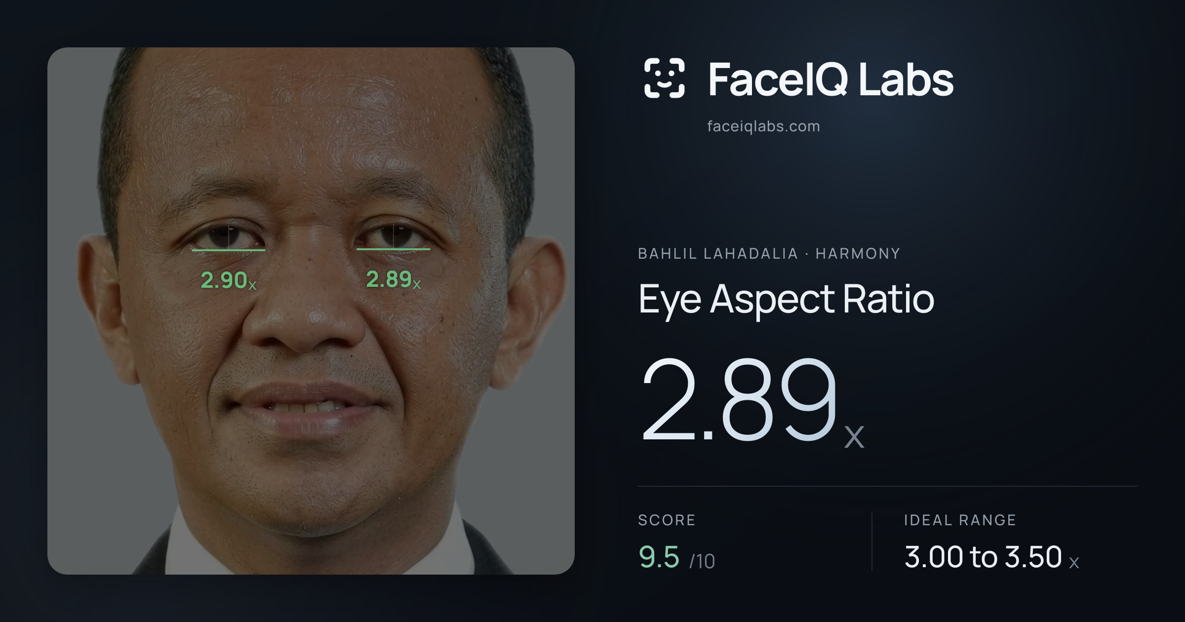 Bahlil Lahadalia Eye Aspect Ratio: 2.89x, drawn on the photo