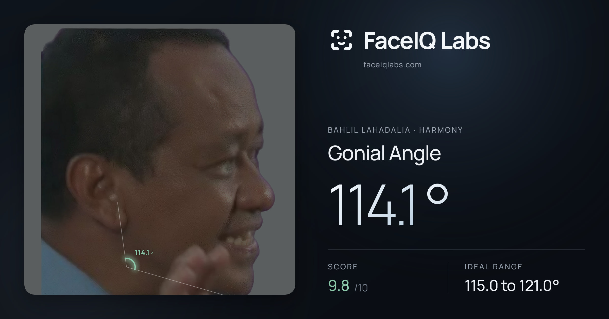 Bahlil Lahadalia Gonial Angle: 114.1°, drawn on the photo