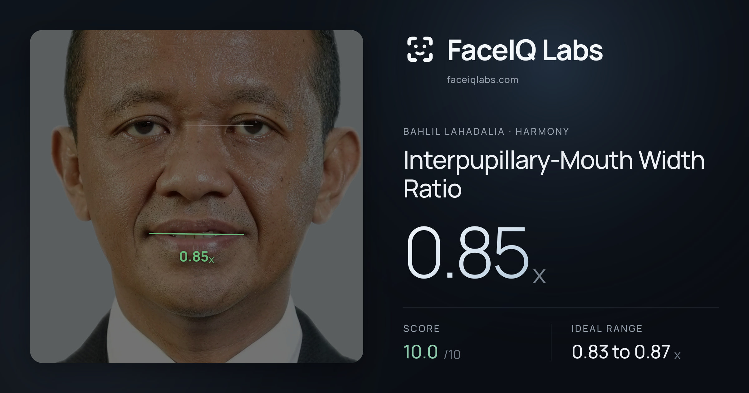 Bahlil Lahadalia Interpupillary-Mouth Width Ratio: 0.85x, drawn on the photo