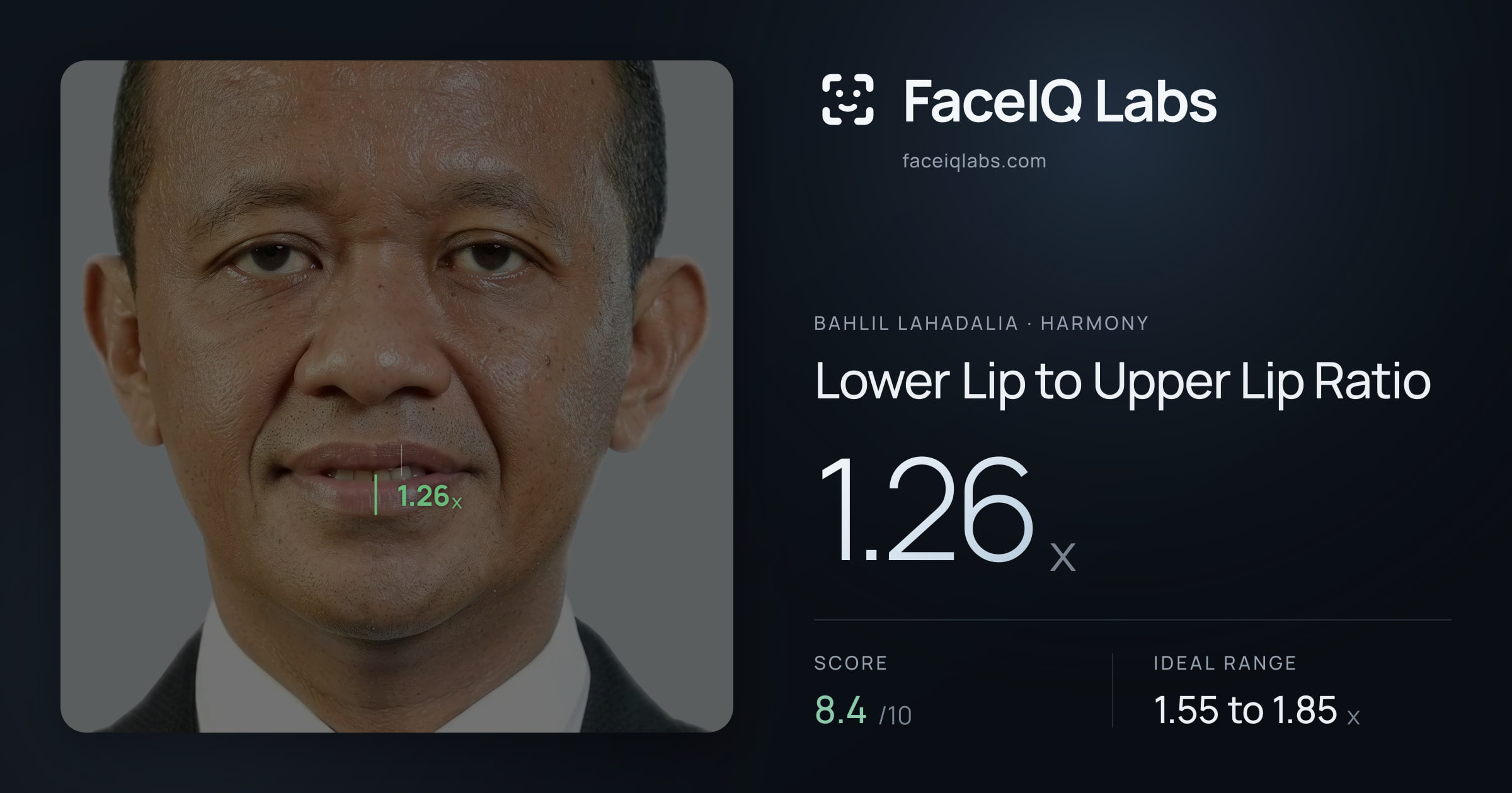Bahlil Lahadalia Lower Lip to Upper Lip Ratio: 1.26x, drawn on the photo