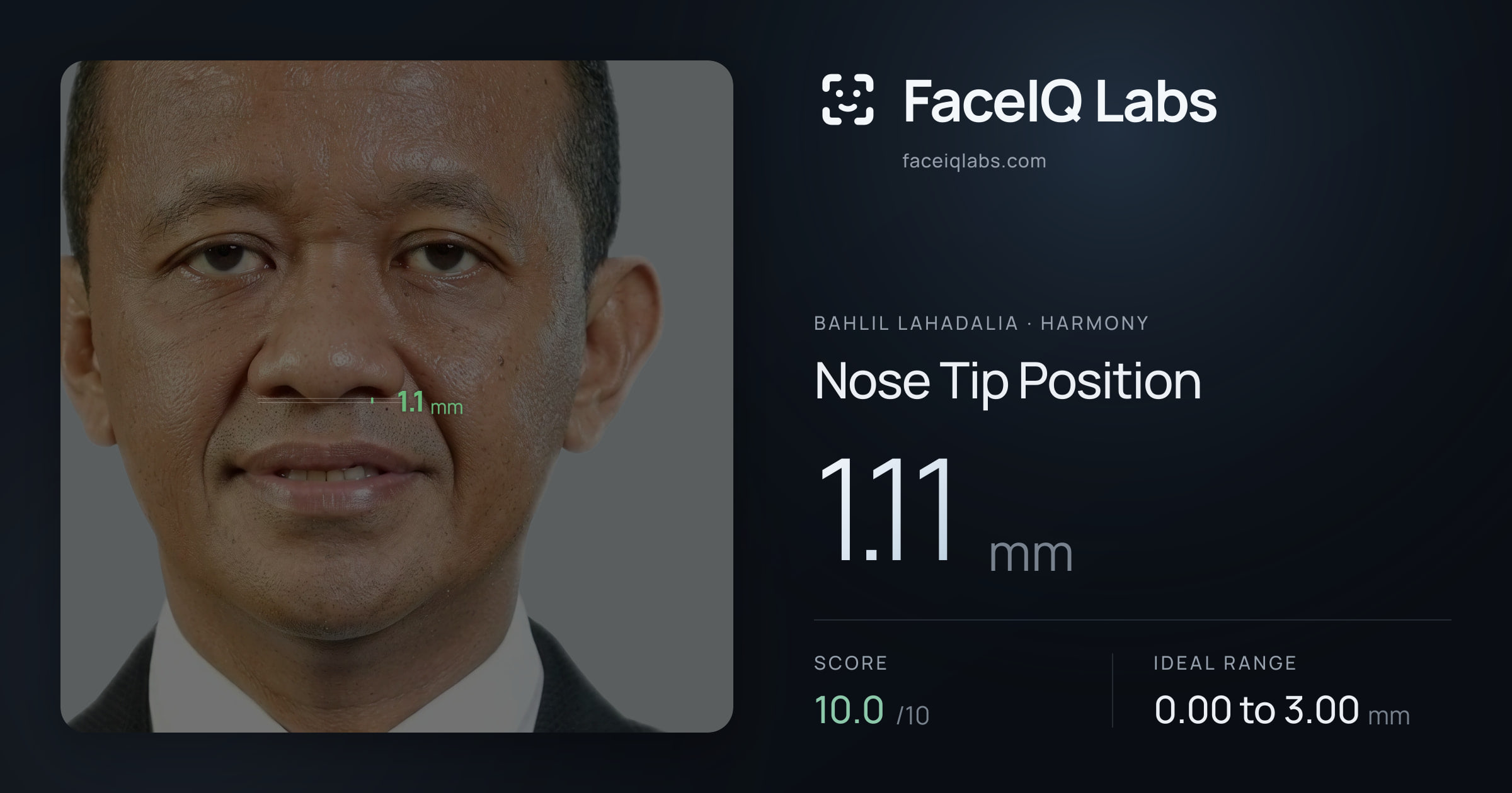 Bahlil Lahadalia Nose Tip Position: 1.11mm, drawn on the photo