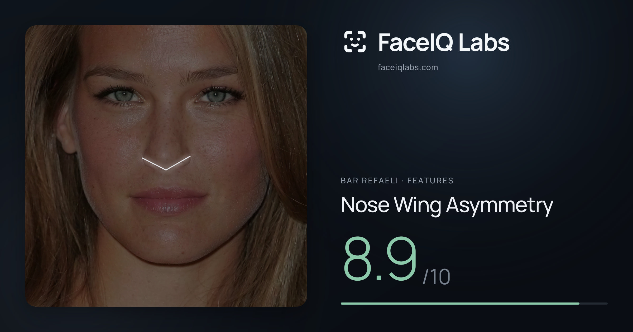 Bar Refaeli Nose Wing Asymmetry: 8.9/10, drawn on the photo