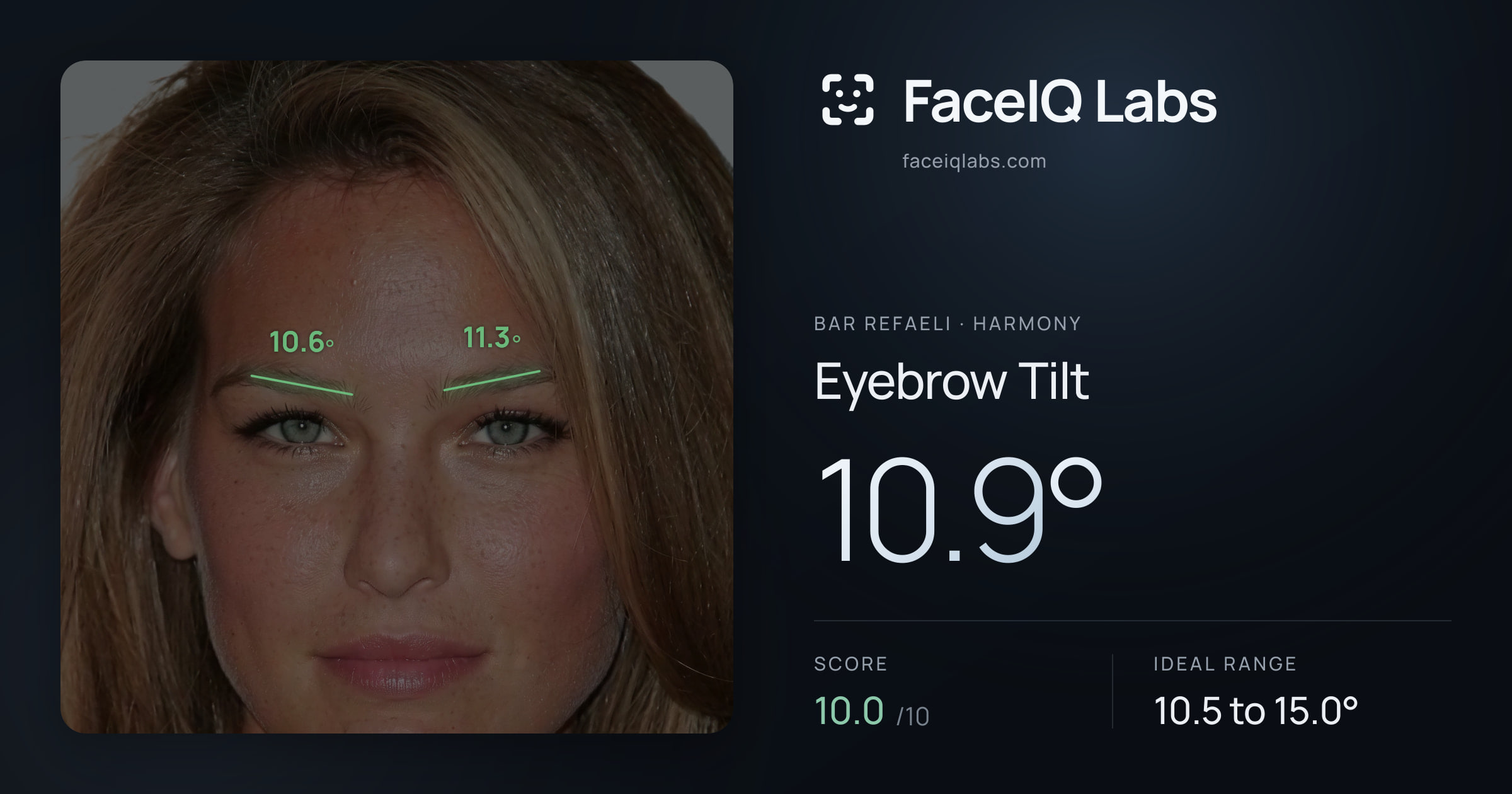 Bar Refaeli Eyebrow Tilt: 10.9°, drawn on the photo