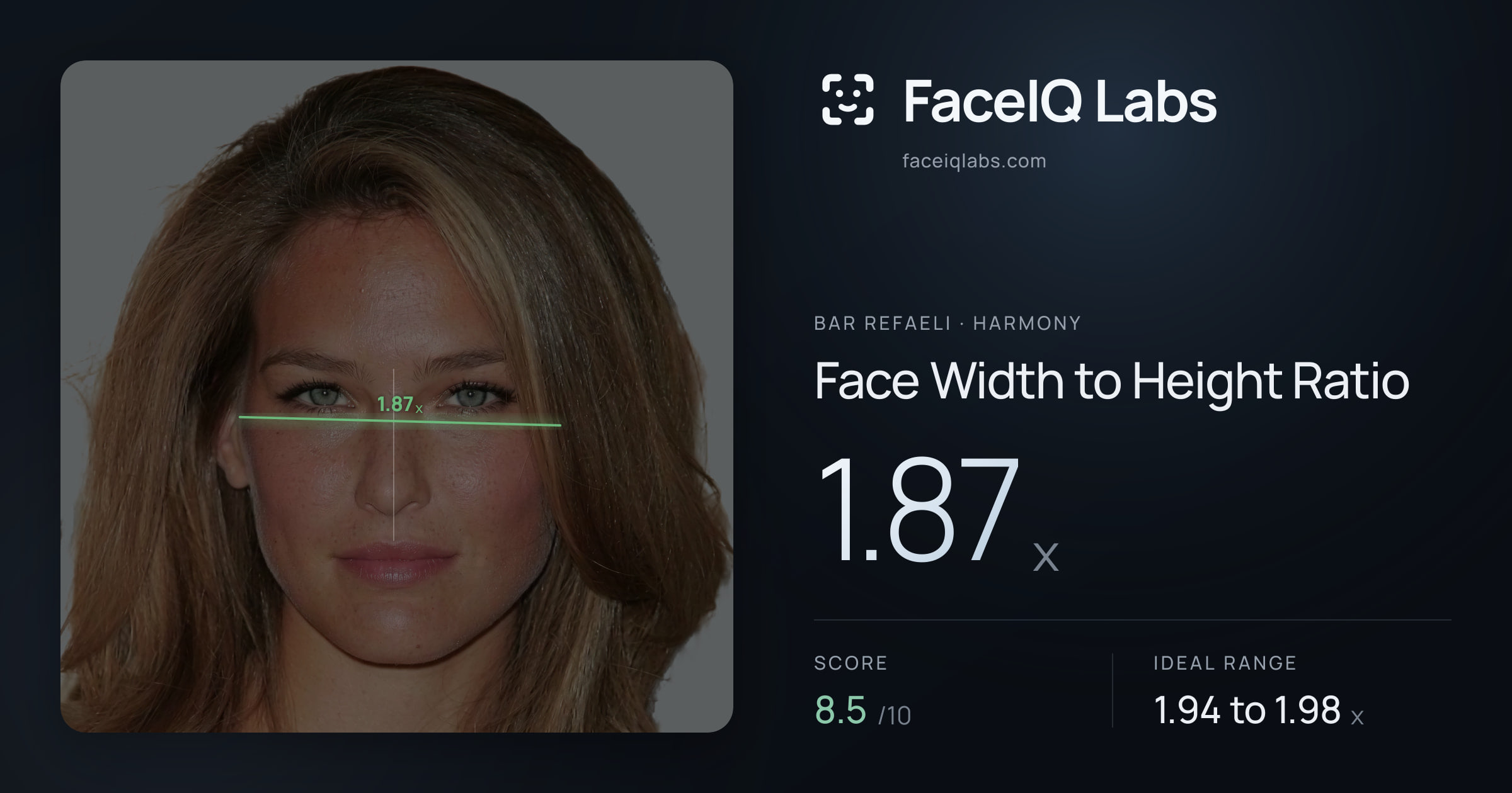 Bar Refaeli Face Width to Height Ratio: 1.87x, drawn on the photo
