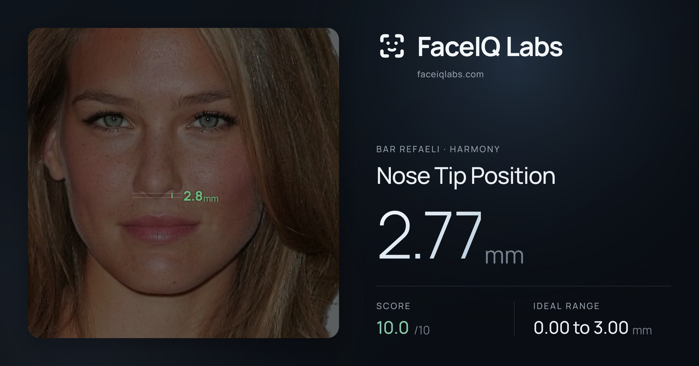 Bar Refaeli Nose Tip Position: 2.77mm, drawn on the photo
