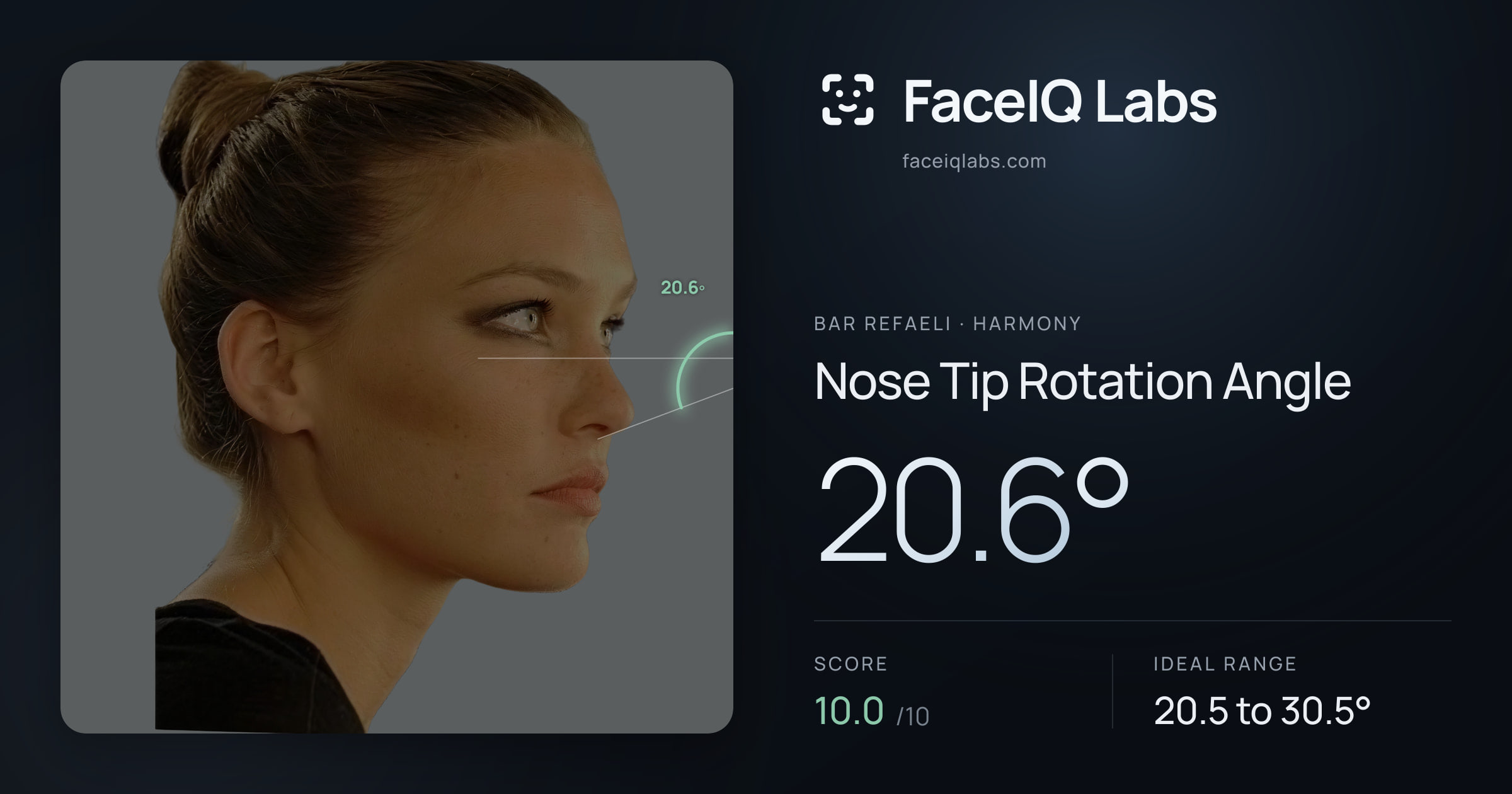 Bar Refaeli Nose Tip Rotation Angle: 20.6°, drawn on the photo