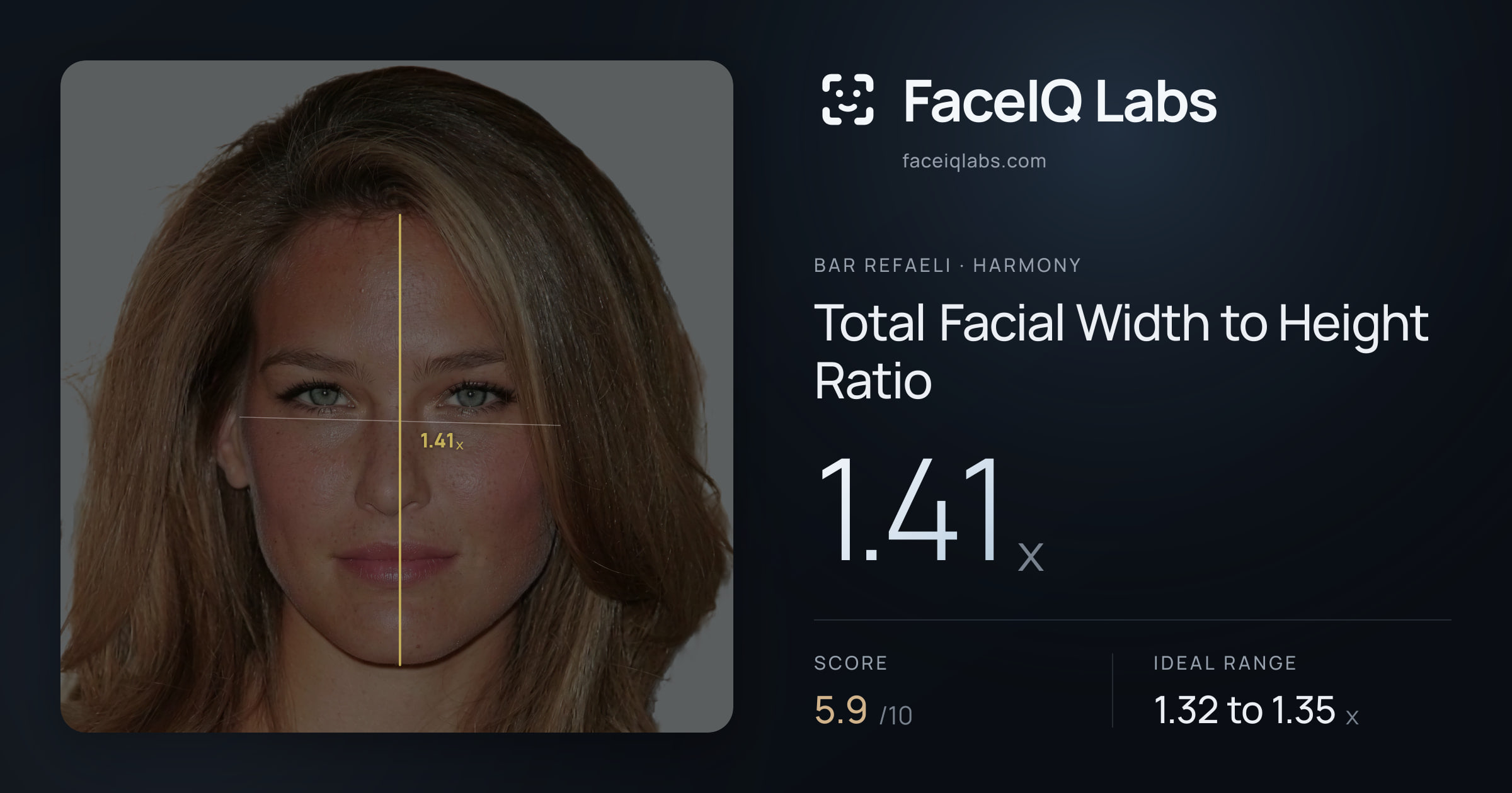 Bar Refaeli Total Facial Width to Height Ratio: 1.41x, drawn on the photo