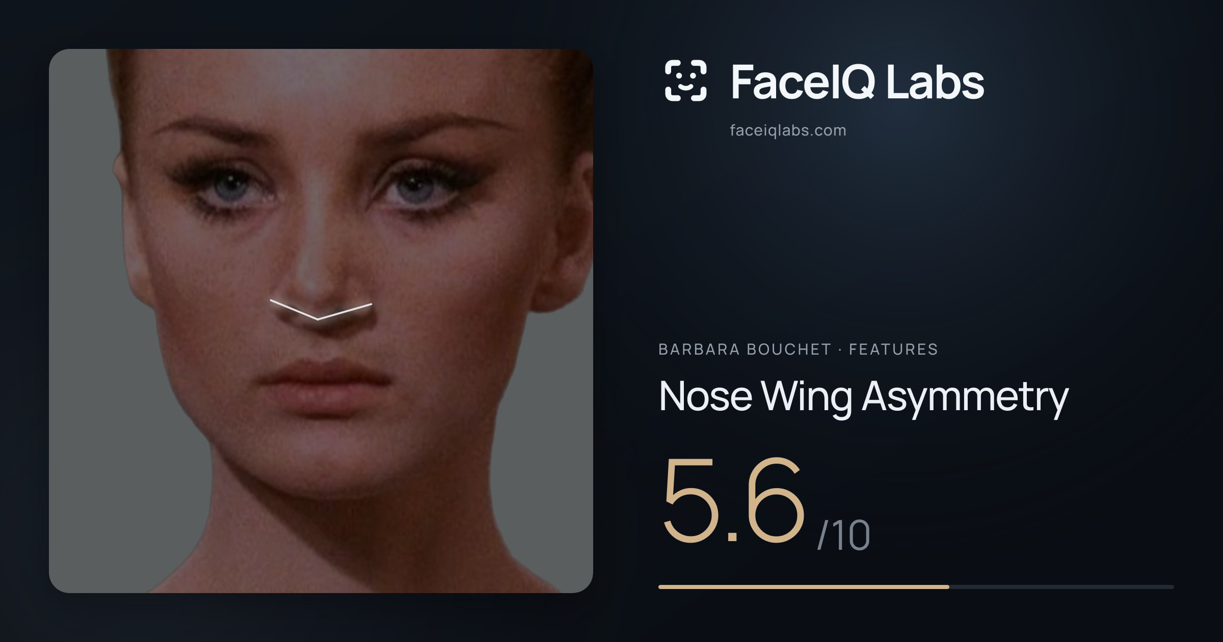 Barbara Bouchet Nose Wing Asymmetry: 5.6/10, drawn on the photo