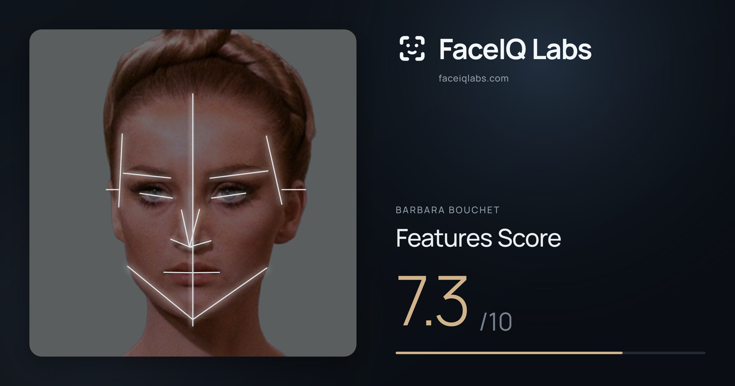 Barbara Bouchet Features: 7.3/10, with each assessment drawn on the photo