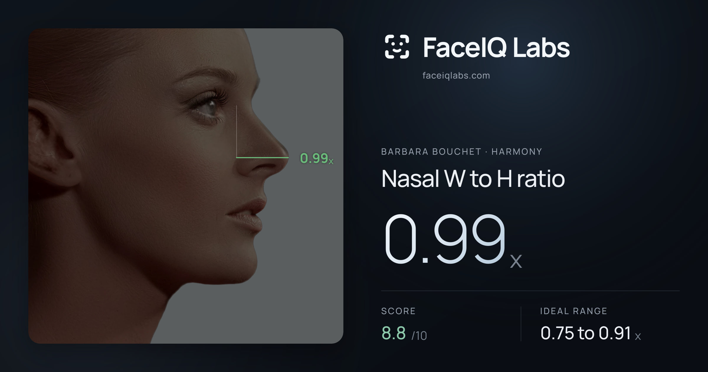 Barbara Bouchet Nasal W to H ratio: 0.99x, drawn on the photo