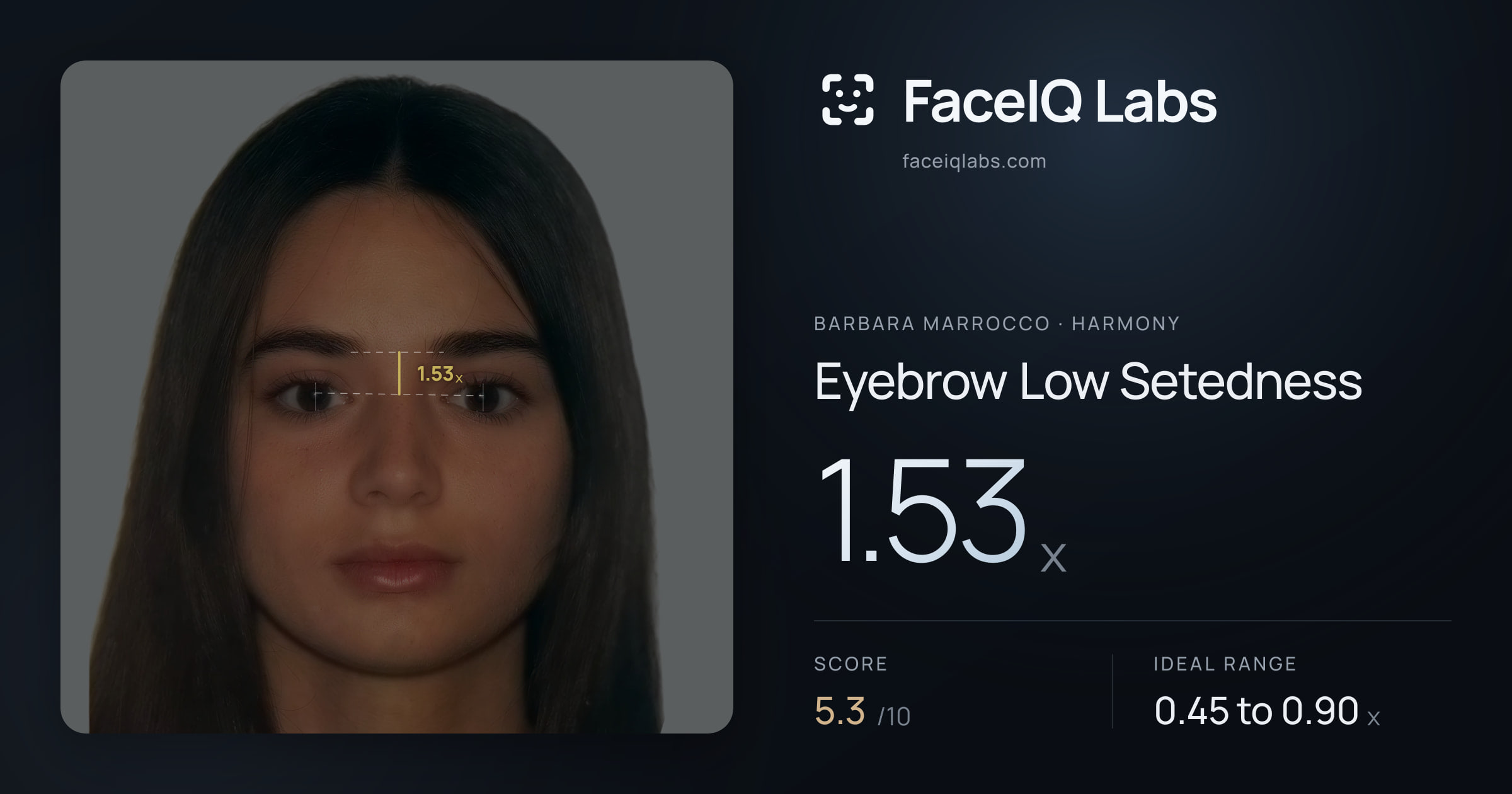 Barbara Marrocco Eyebrow Low Setedness: 1.53x, drawn on the photo