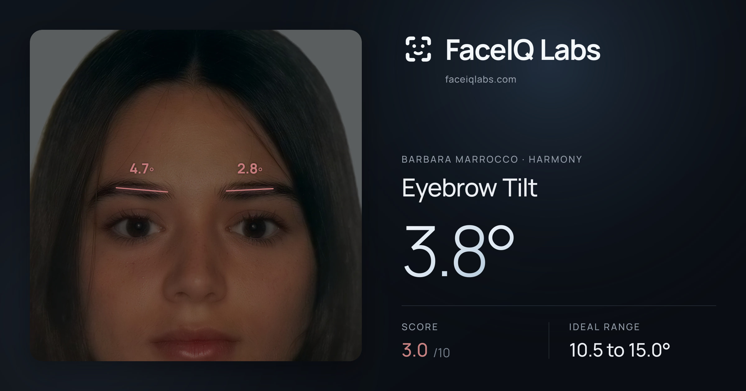 Barbara Marrocco Eyebrow Tilt: 3.8°, drawn on the photo