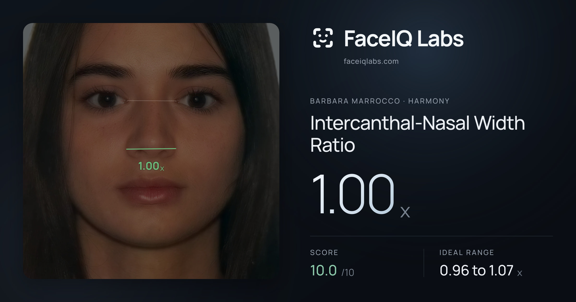 Barbara Marrocco Intercanthal-Nasal Width Ratio: 1.00x, drawn on the photo