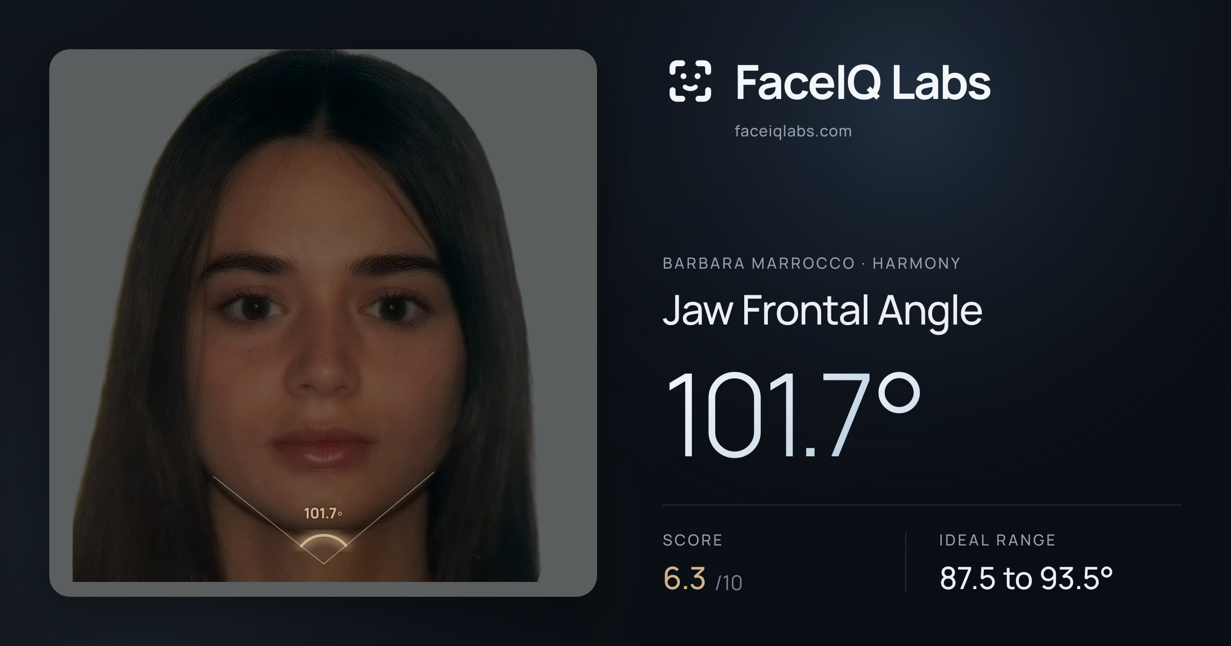 Barbara Marrocco Jaw Frontal Angle: 101.7°, drawn on the photo