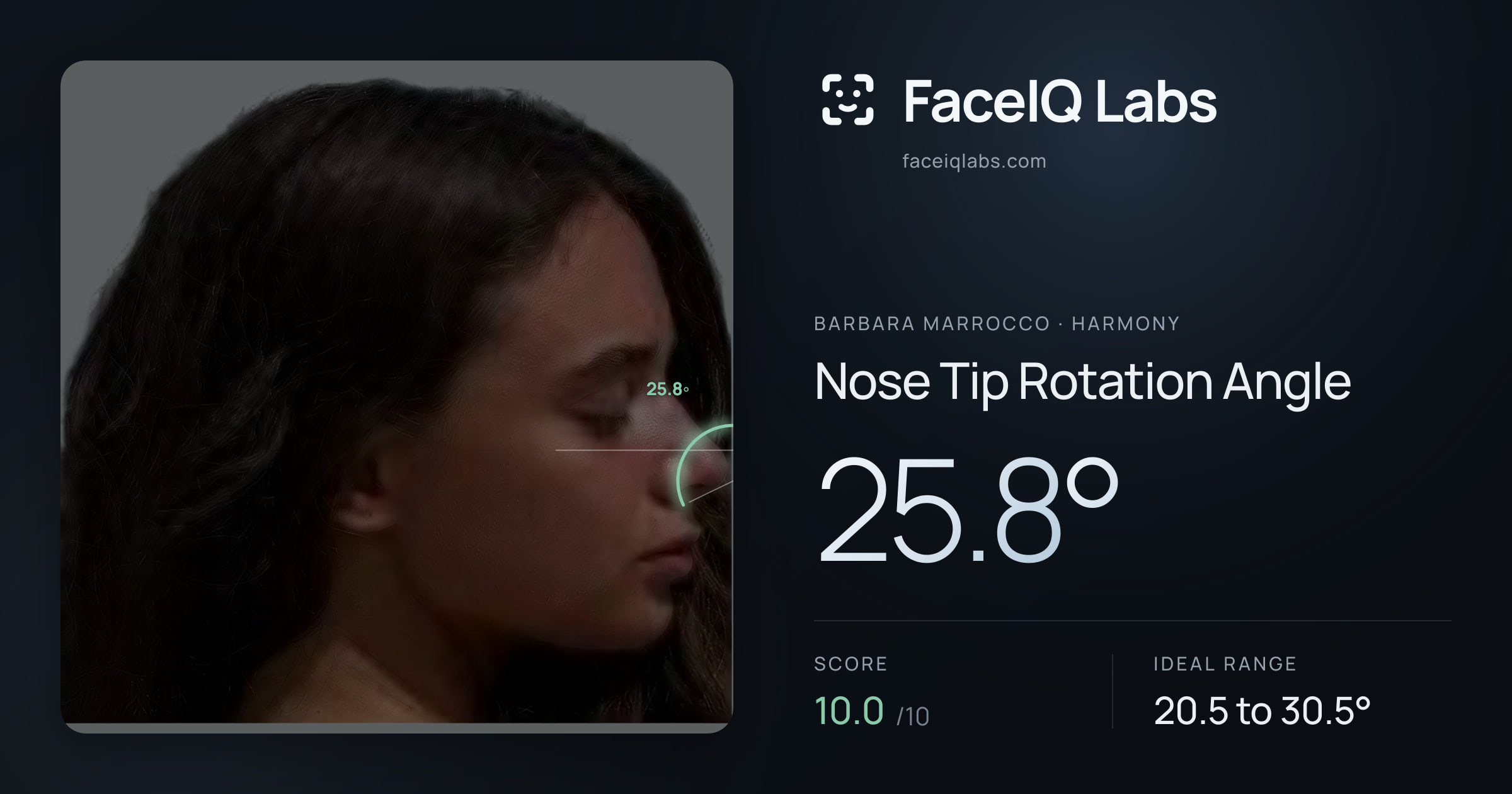 Barbara Marrocco Nose Tip Rotation Angle: 25.8°, drawn on the photo