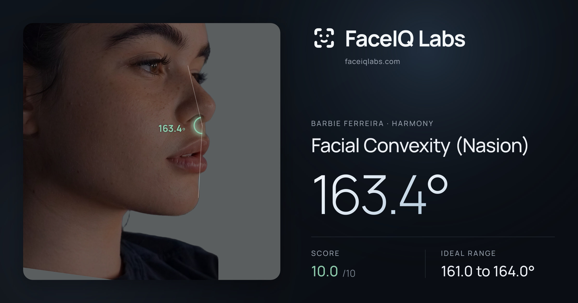 Barbie Ferreira Facial Convexity (Nasion): 163.4°, drawn on the photo