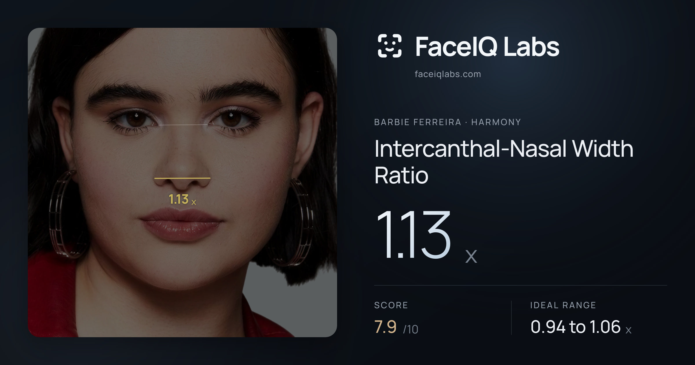 Barbie Ferreira Intercanthal-Nasal Width Ratio: 1.13x, drawn on the photo