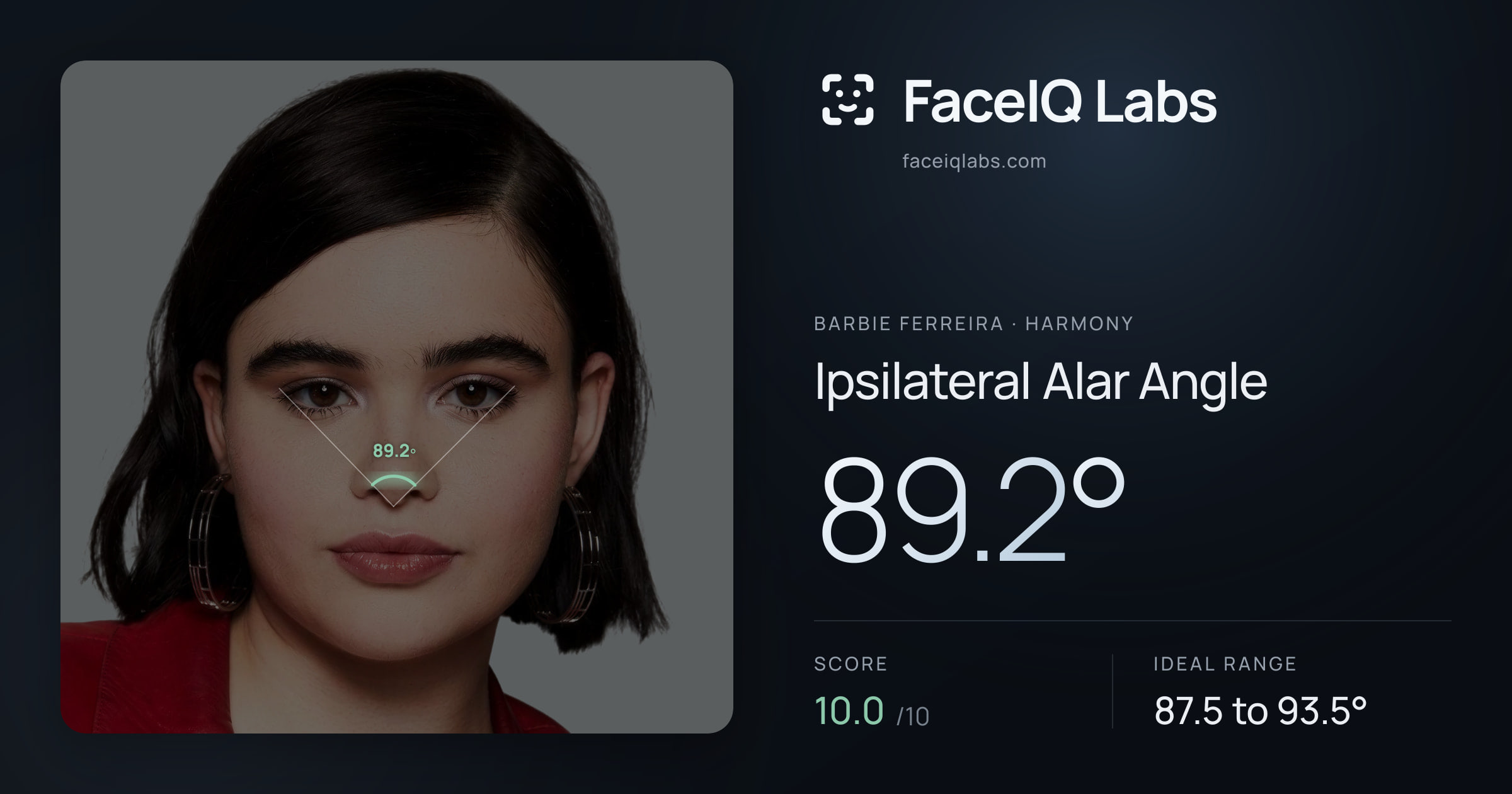 Barbie Ferreira Ipsilateral Alar Angle: 89.2°, drawn on the photo