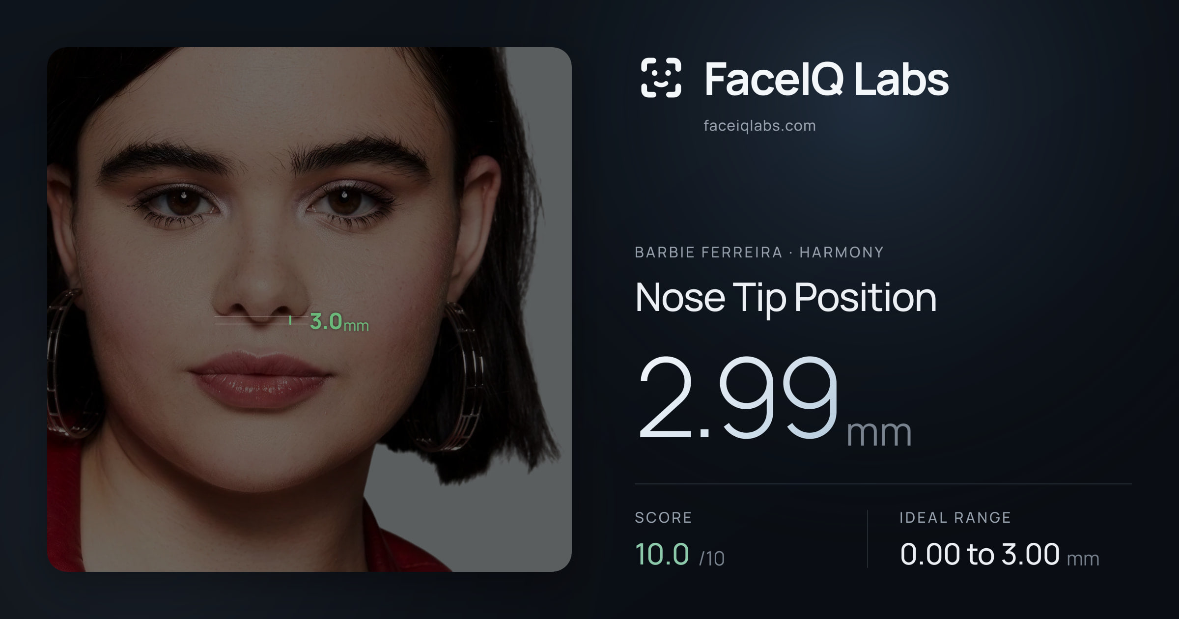 Barbie Ferreira Nose Tip Position: 2.99mm, drawn on the photo