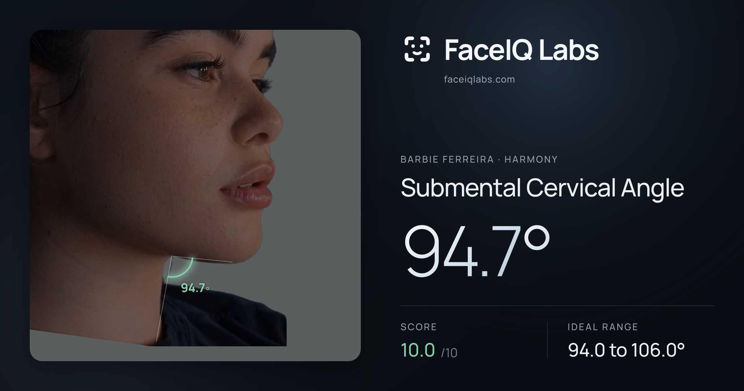 Barbie Ferreira Submental Cervical Angle: 94.7°, drawn on the photo