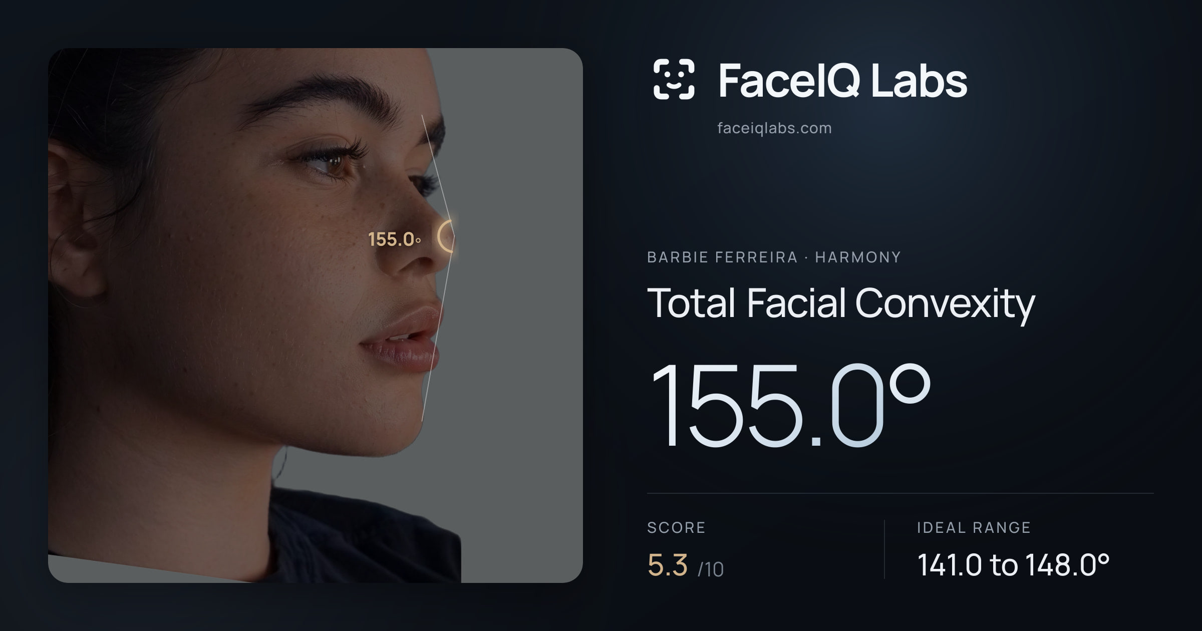 Barbie Ferreira Total Facial Convexity: 155.0°, drawn on the photo