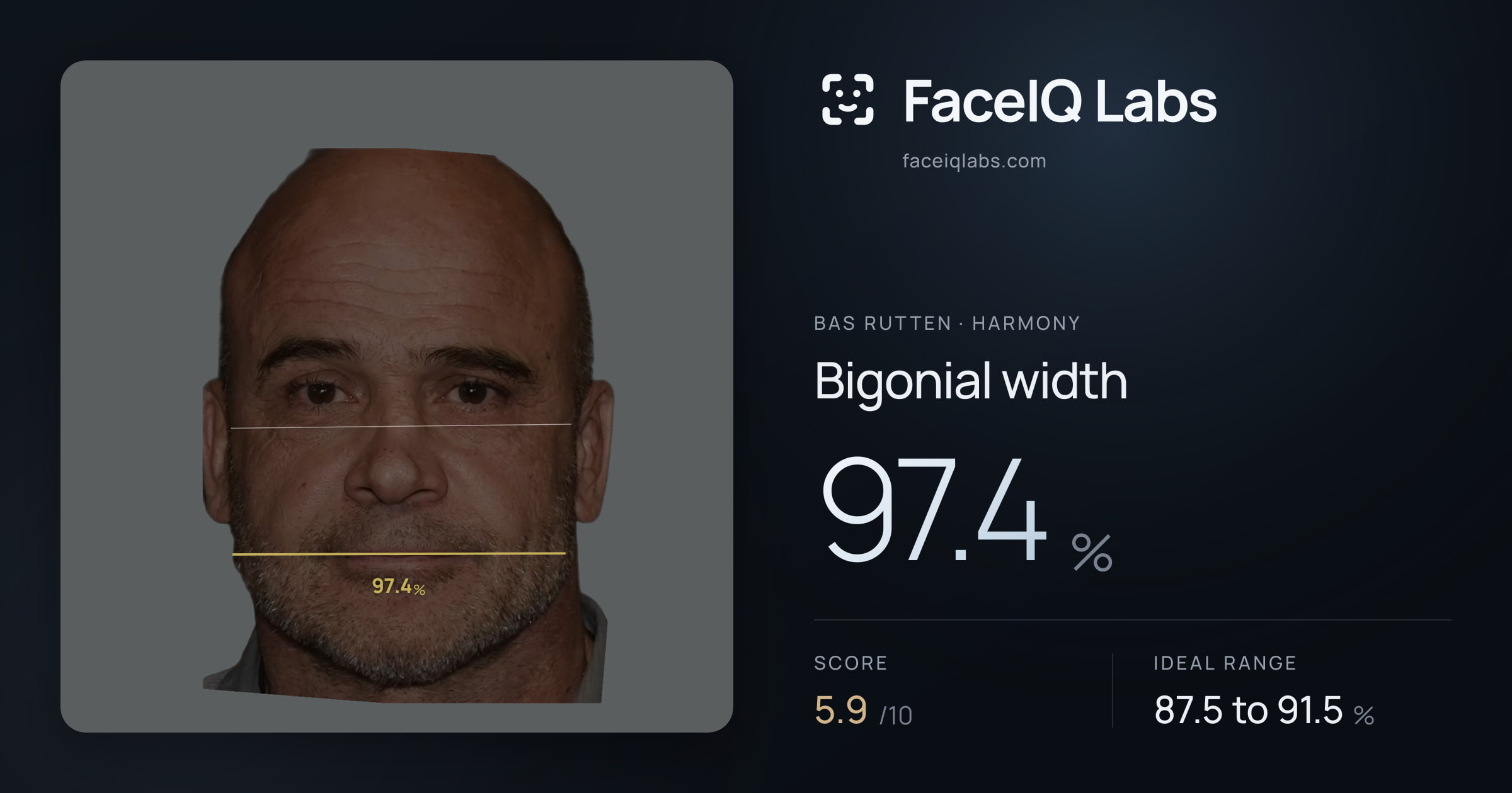 Bas Rutten Bigonial width: 97.4%, drawn on the photo