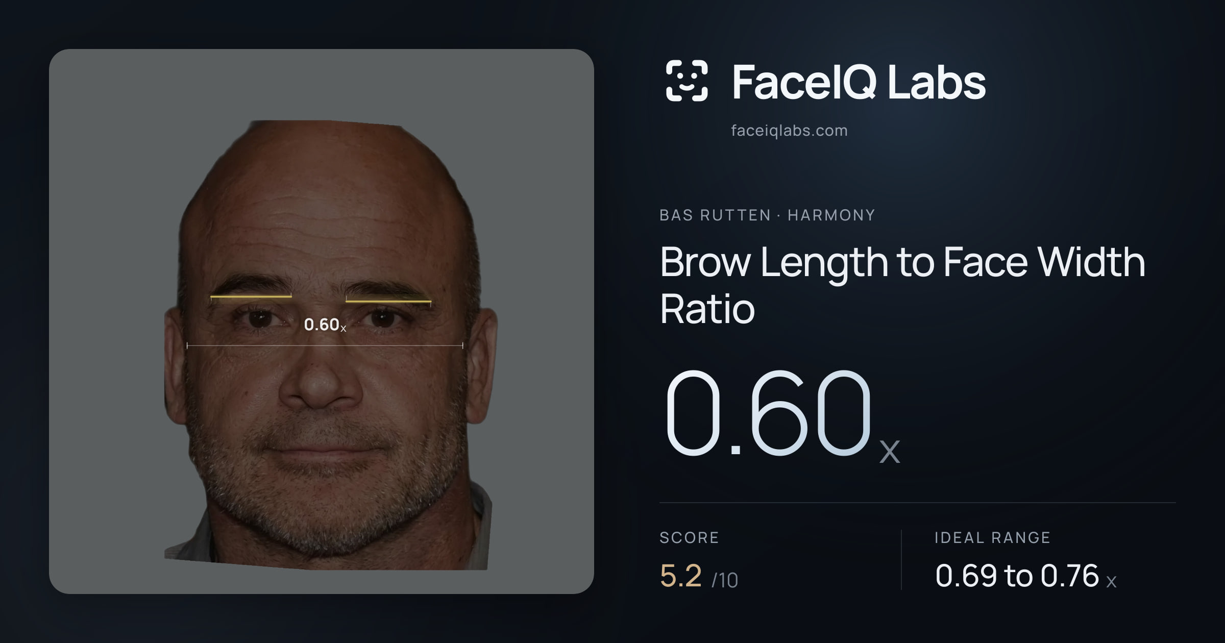 Bas Rutten Brow Length to Face Width Ratio: 0.60x, drawn on the photo