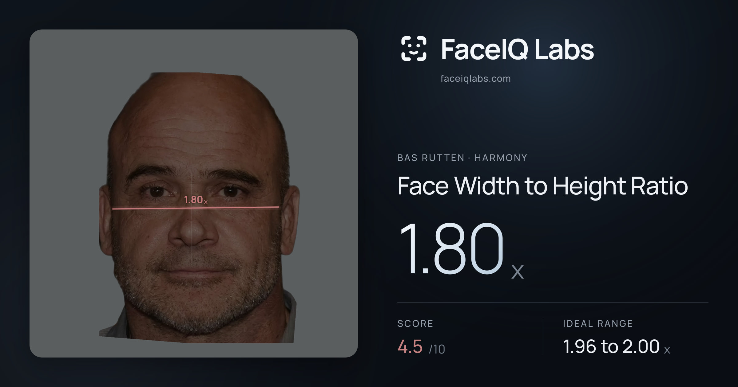 Bas Rutten Face Width to Height Ratio: 1.80x, drawn on the photo