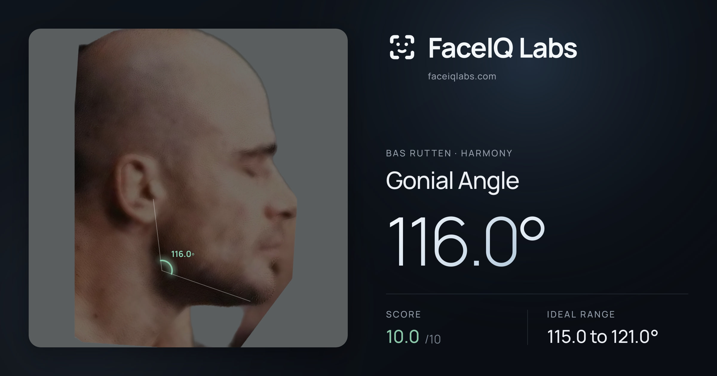 Bas Rutten Gonial Angle: 116.0°, drawn on the photo