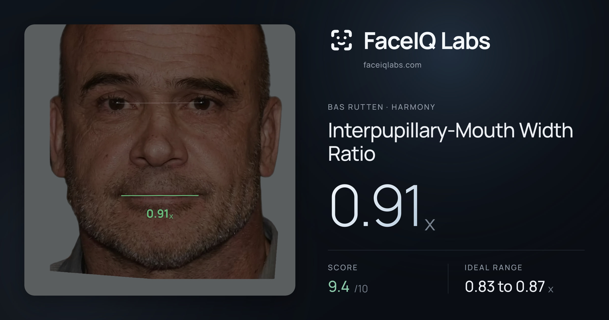 Bas Rutten Interpupillary-Mouth Width Ratio: 0.91x, drawn on the photo