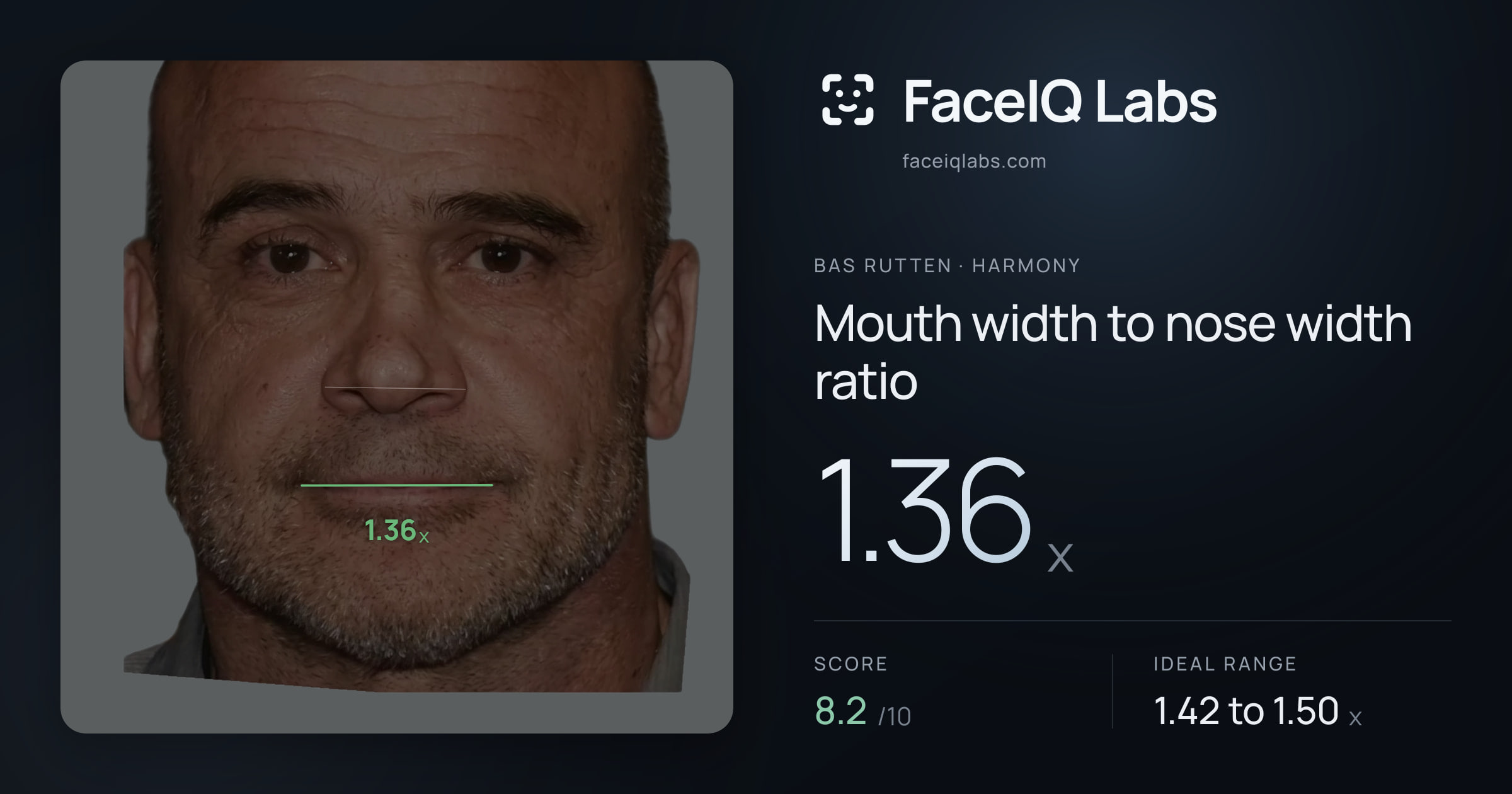 Bas Rutten Mouth width to nose width ratio: 1.36x, drawn on the photo