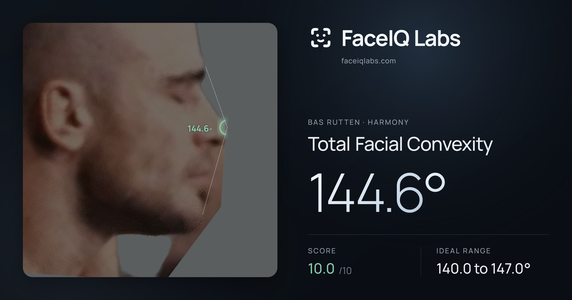 Bas Rutten Total Facial Convexity: 144.6°, drawn on the photo