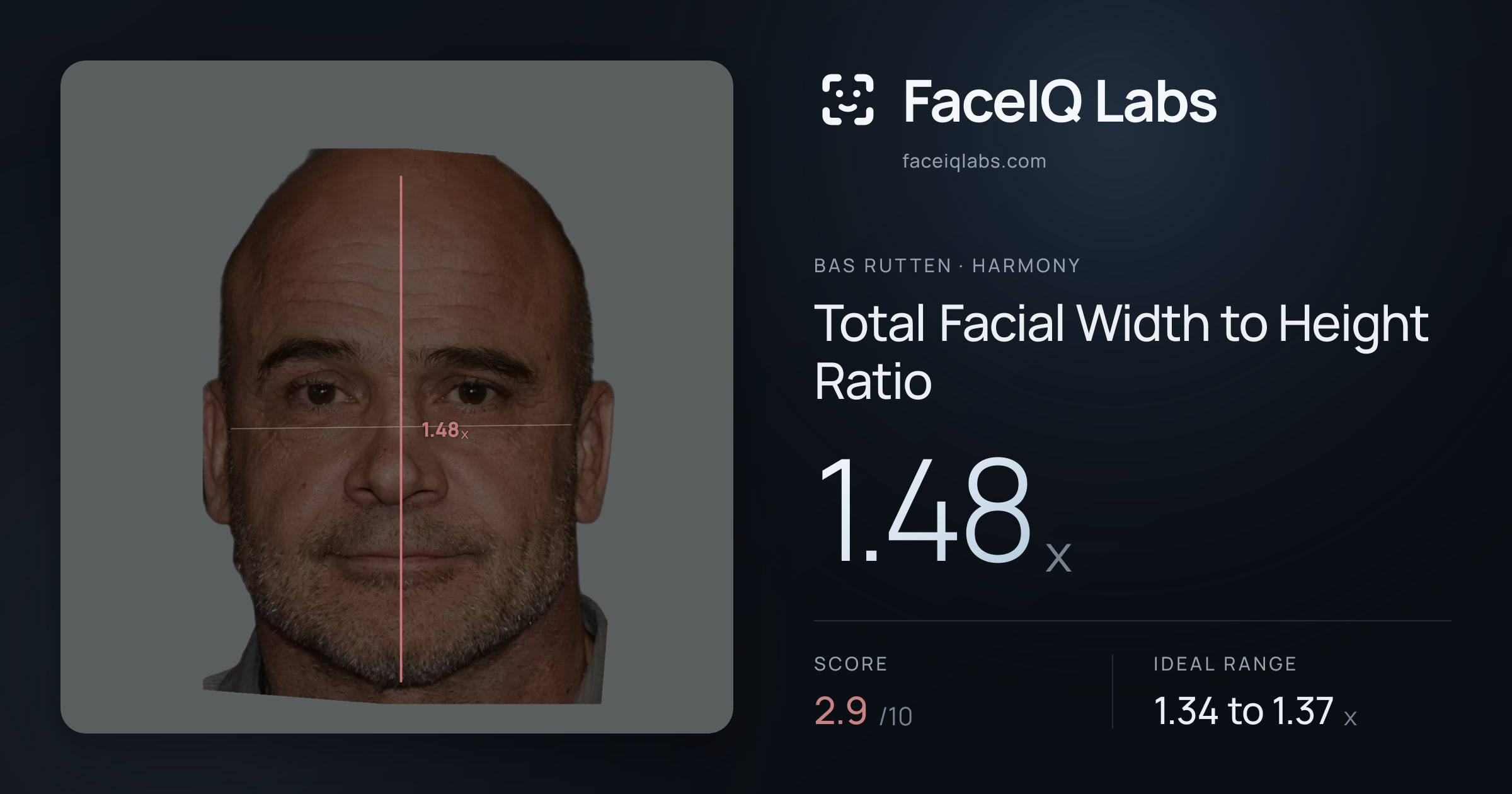 Bas Rutten Total Facial Width to Height Ratio: 1.48x, drawn on the photo