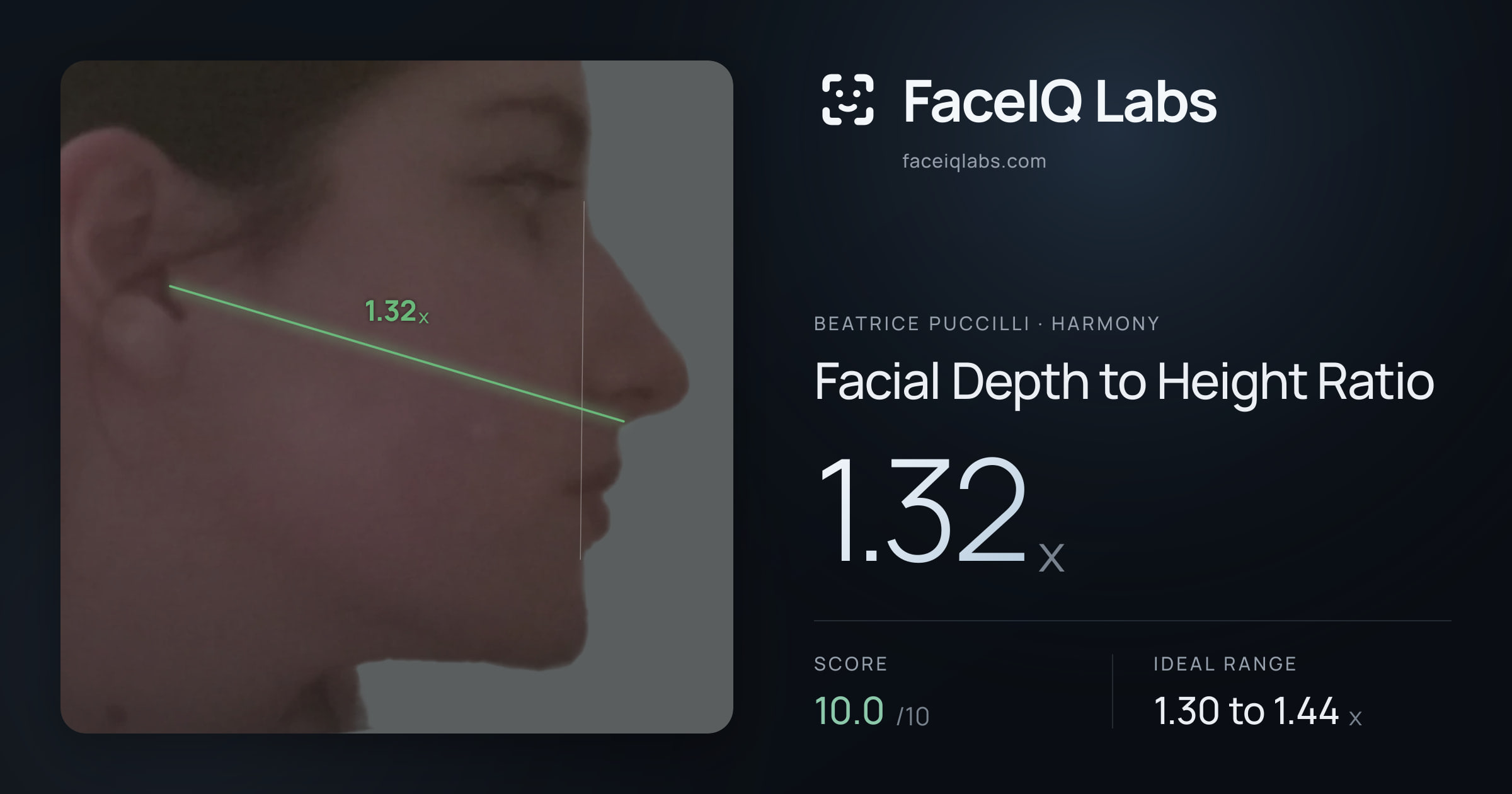 Beatrice Puccilli Facial Depth to Height Ratio: 1.32x, drawn on the photo