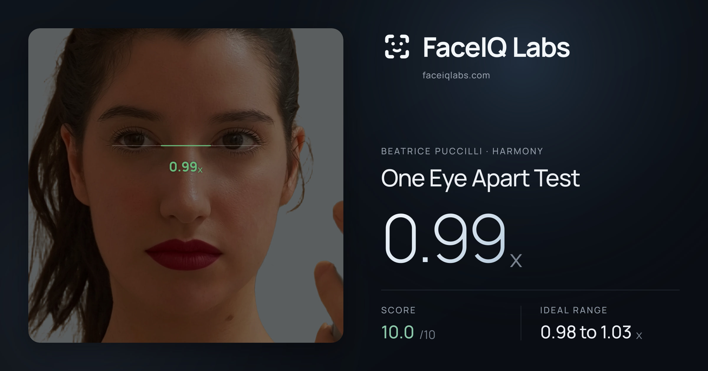Beatrice Puccilli One Eye Apart Test: 0.99x, drawn on the photo